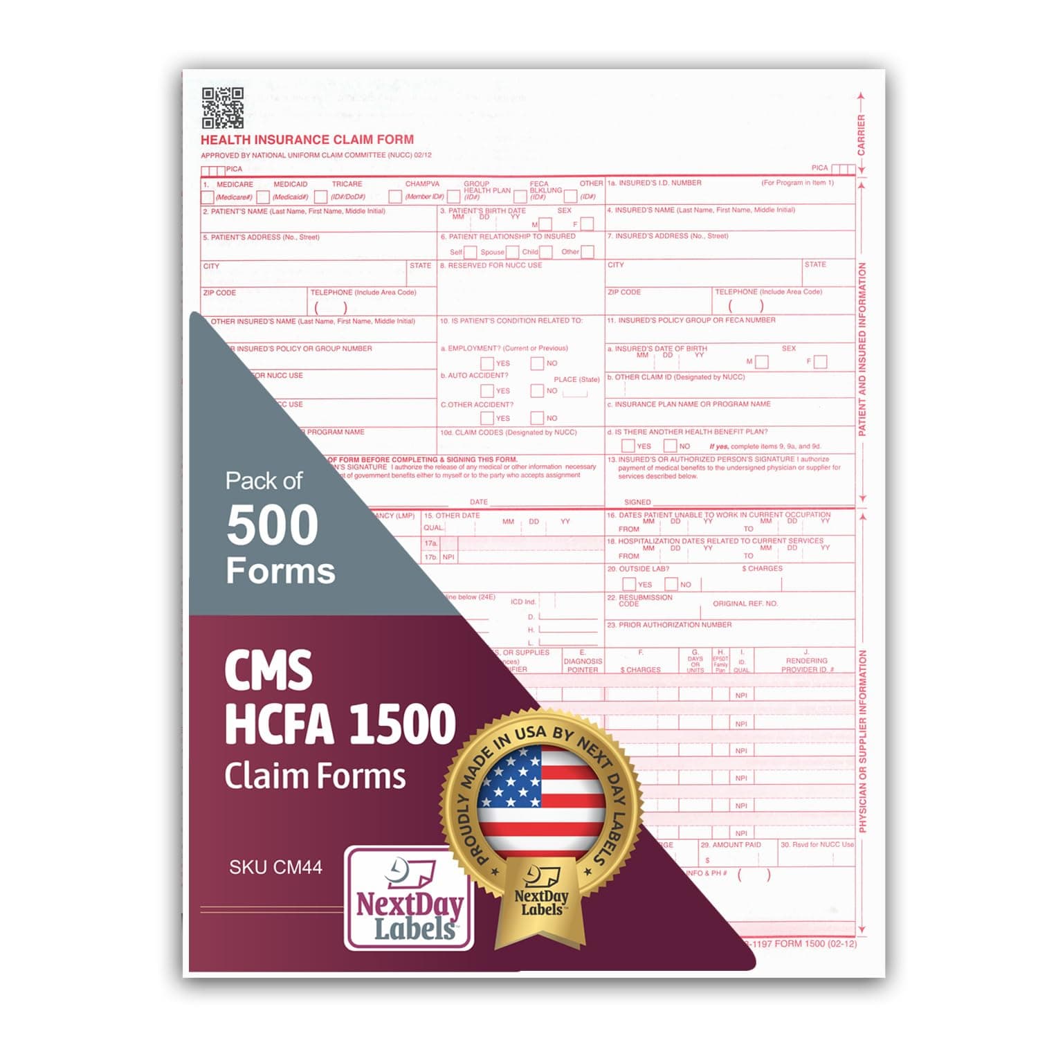 NextDayLabels - CMS 1500 / HCFA 1500 Insurance Claim Forms - Laser/Ink-Jet Compatible (New Version 02/12) Letter Size 8-12" x 11", 500 Sheets Per Pack