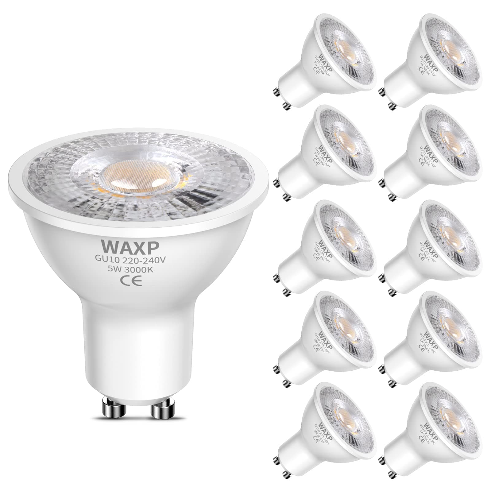 GU10 LED Spot Light Bulbs Warm White 5W, 3000K, 365lm, No Flickering, Energy Saving Light Bulbs, Equivalent 40-50W GU10 Halogen Spotlight Bulbs, Non-Dimmable, 10 Pack