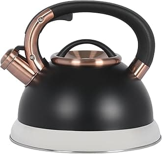 Mr. Coffee Flintshire 2.2 Quart Large Whistling Stainless Steel Tea Kettle, Matte Black with Copper Accent, Stovetop Fast-Boil Tea Pot