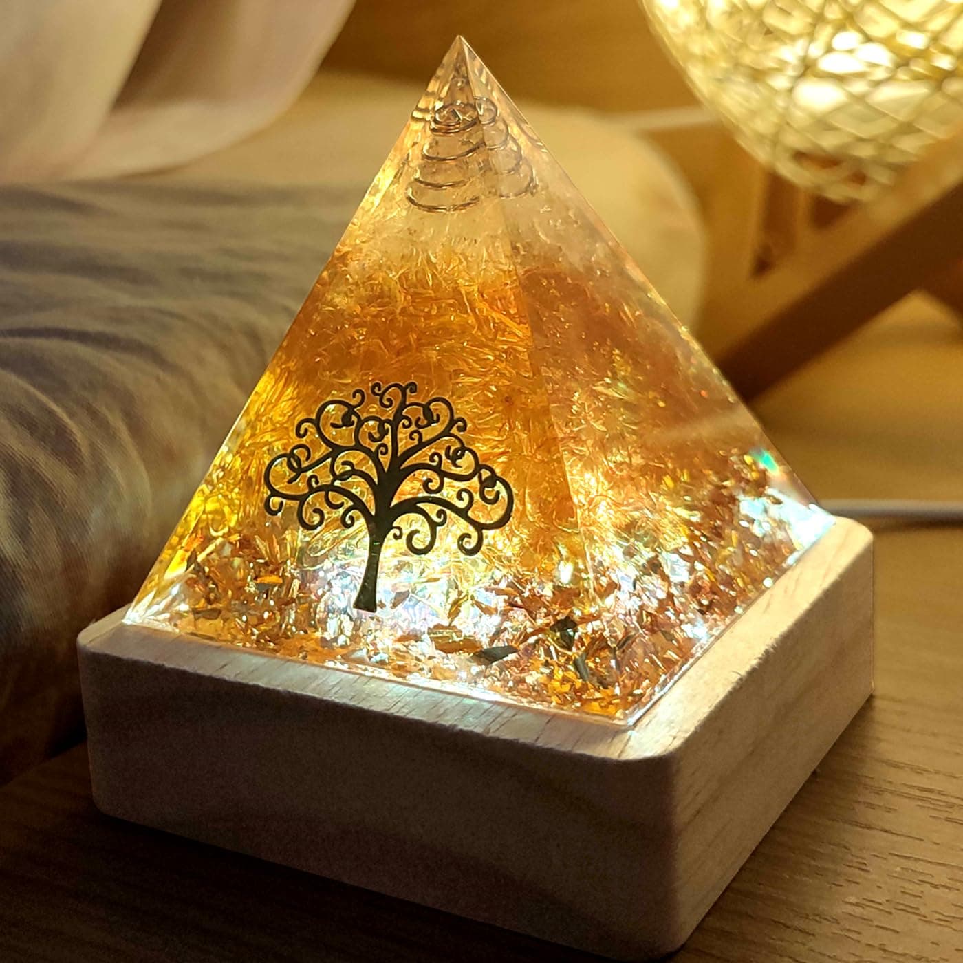 Citrine Meditation Orgone Pyramid with Light Base– with Tree of Life – Ideal Chakra Crystal for Optimism Positivity Financial Abundance Luck Wealth Succes