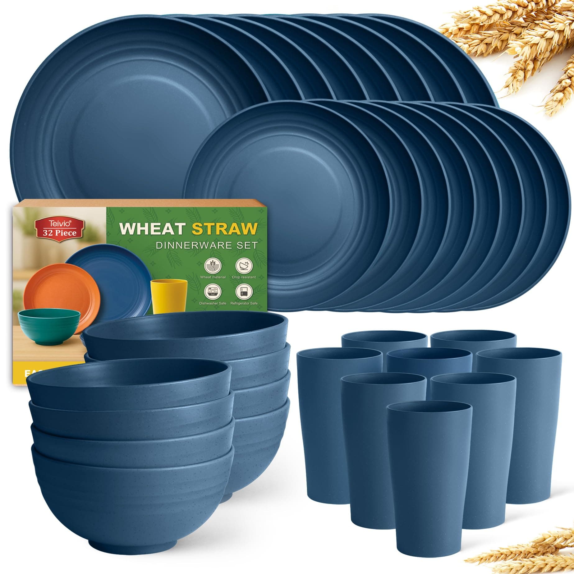 Teivio 32-Piece Kitchen Plastic Wheat Straw Dinnerware Set, Service for 8, Dinner Plates, Dessert Plate, Cereal Bowls, Cups, Unbreakable Colorful Plastic Outdoor Camping Dishes, Autumn Blue