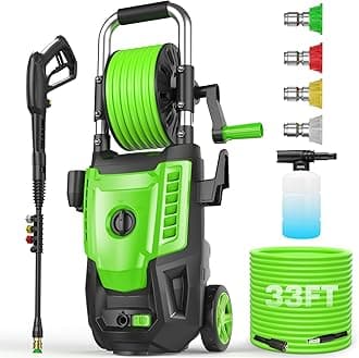 4800PSI Electric Pressure Washer- 3.8GPM High Power Washer with 33FT Hose Reel, 4 Spray Tips and Soap Bottle for Car Washing, Fence Cleaning, Patio Maintenance（Upgraded） (Green)