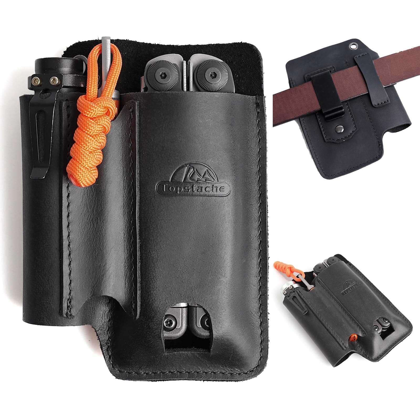 Leather Multitool Sheath with Belt Clip - Leather Multitool Pouch for Belt - EDC Belt Organizer - Multitool Holster Fits Multitool, Flashlight, Pen - Leather Multitool Holder - Black
