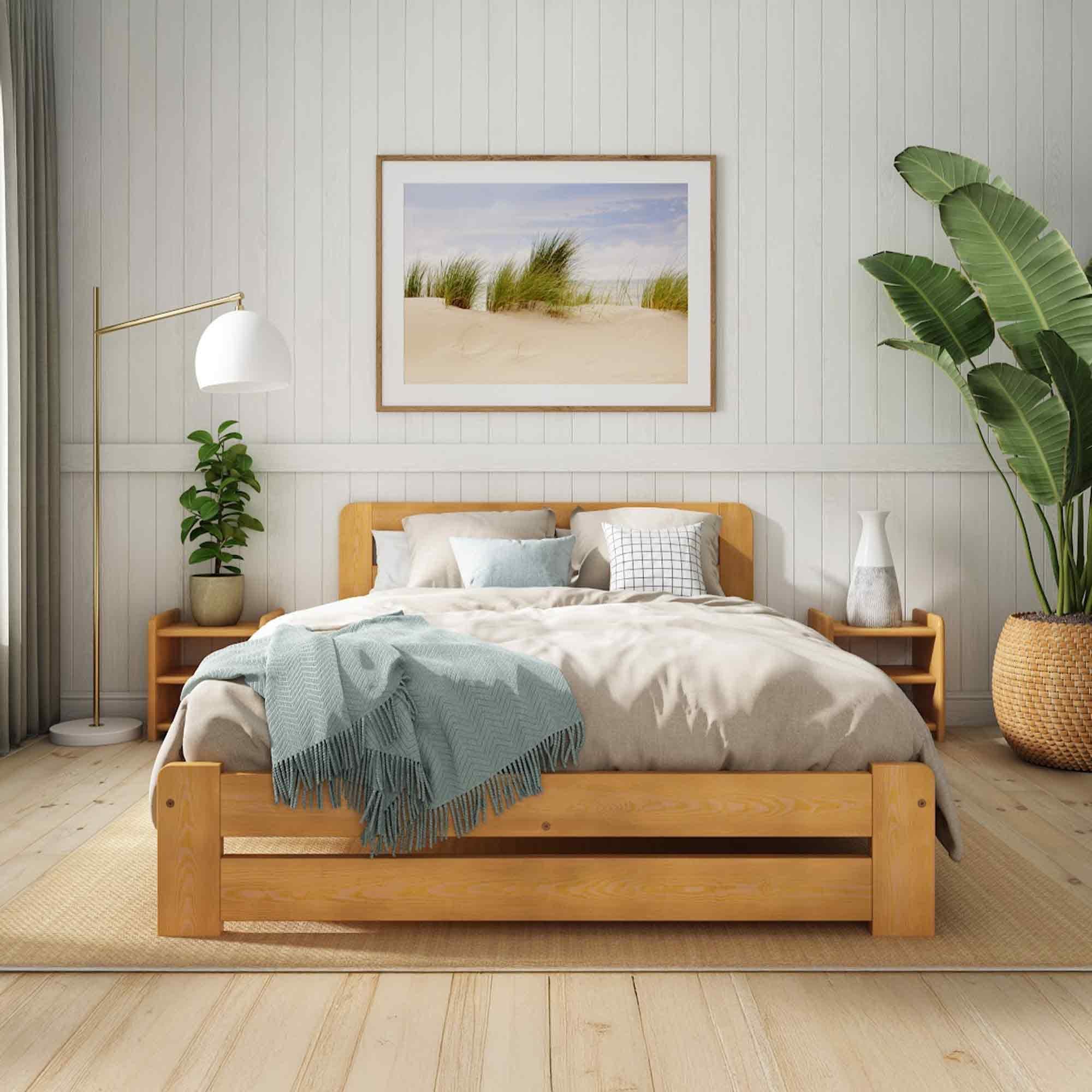 Double Bed Frame 4ft6 – Solid Pine Wooden Bed Frame for Adults, F1 Easy Assemble Bed with Sturdy Slats & Extra Four Supportive Legs, Comfortable Bedroom Furniture | (Alder)
