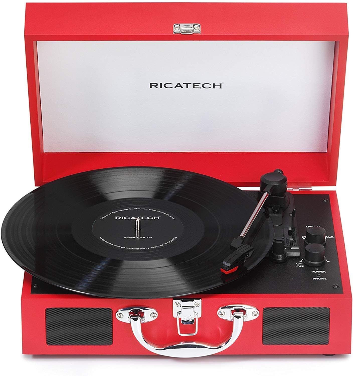 Ricatech RTT21 Turntable, Lightweight Portable Record Player With Speakers, Three Speed, Supports RCA Output, Bluetooth, Headphone Jack, MP3 Playback. Exquisite Suitcase Style Vinyl Player (Red)