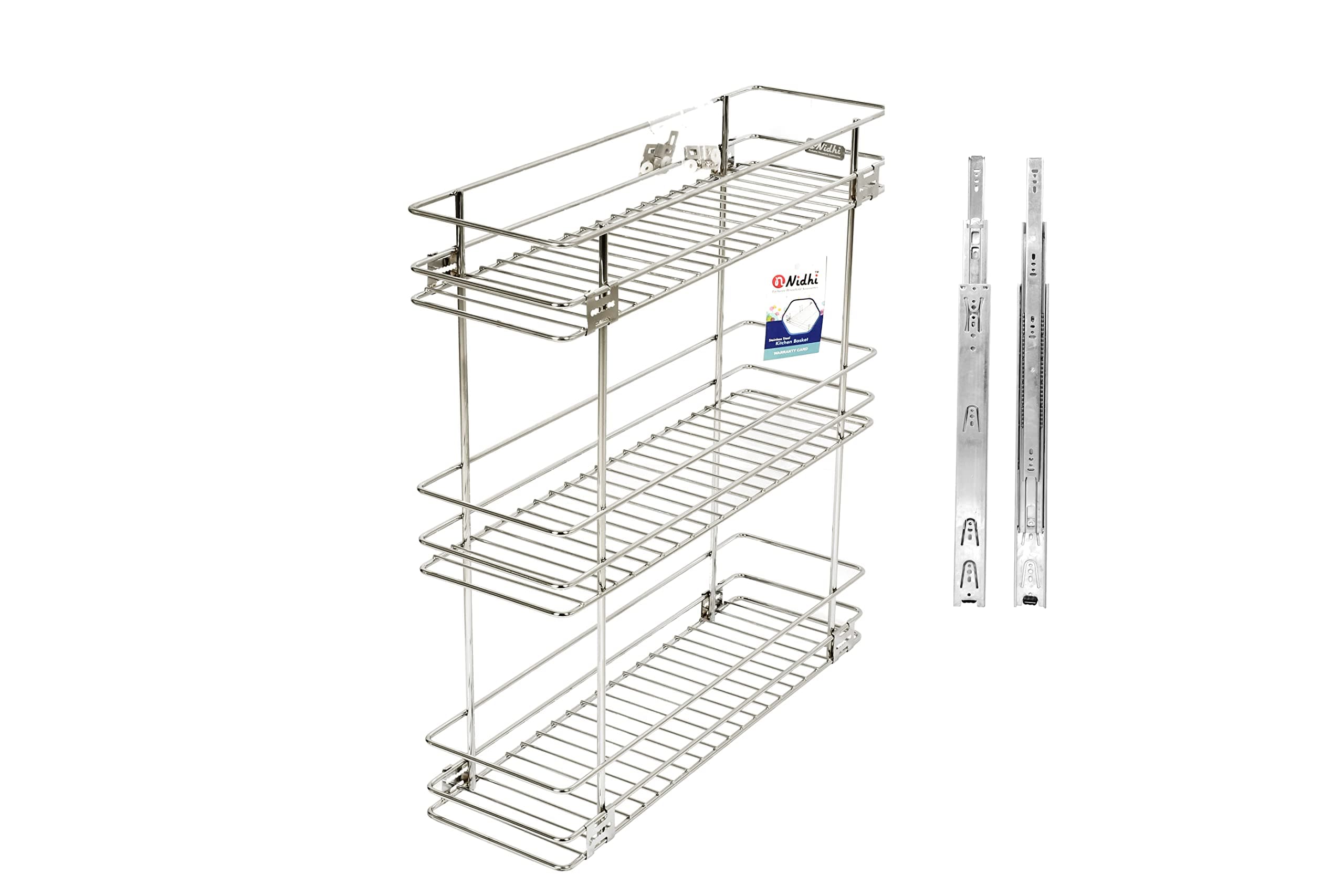Stainless Steel Modular Bottle Pullout Basket for Modular Kitchen | Triple Pullout Basket | Kitchen Rack | Kitchen Organizer - 7MM (4W x 20D x 21H Inches.) With 1 Pair 20inch Telescopic Channel