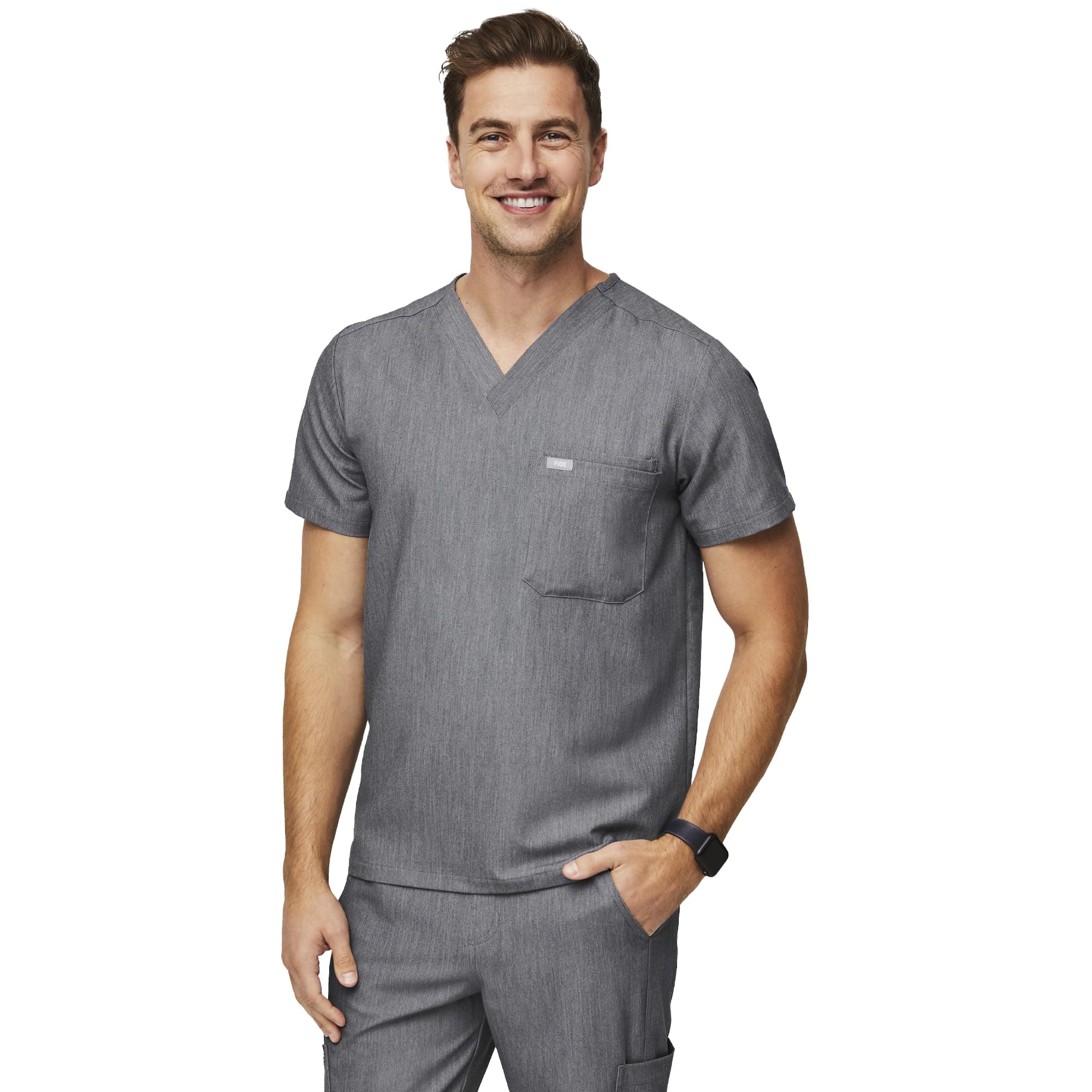 Leon Scrub Top for Men – 3 Pockets, Tailored Fit, Modern V-Neck, 4-Way Stretch, Moisture-Wicking