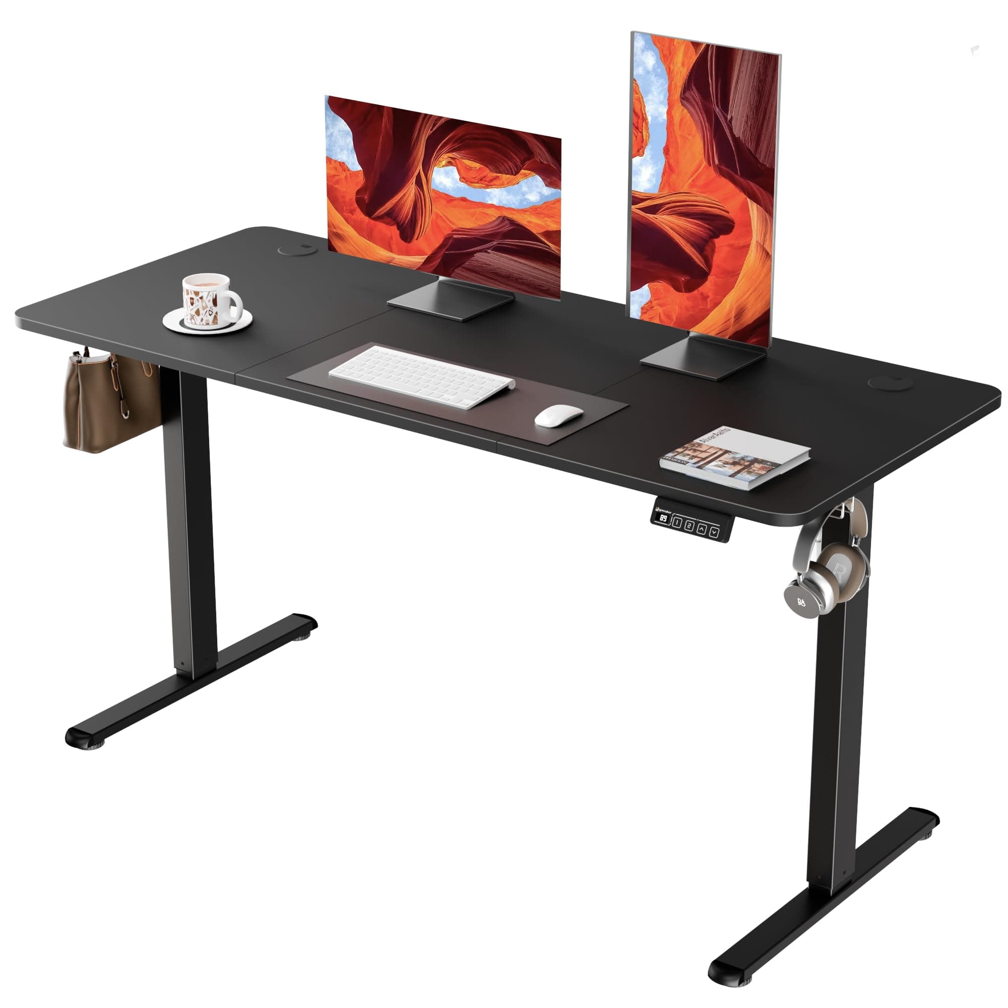 Electric Standing Desk, 140 x 60 cm Height Adjustable Sit Stand Desk with Splice Board for Home Office, Computer Table Memory Preset (Black Frame, Black Desktop)
