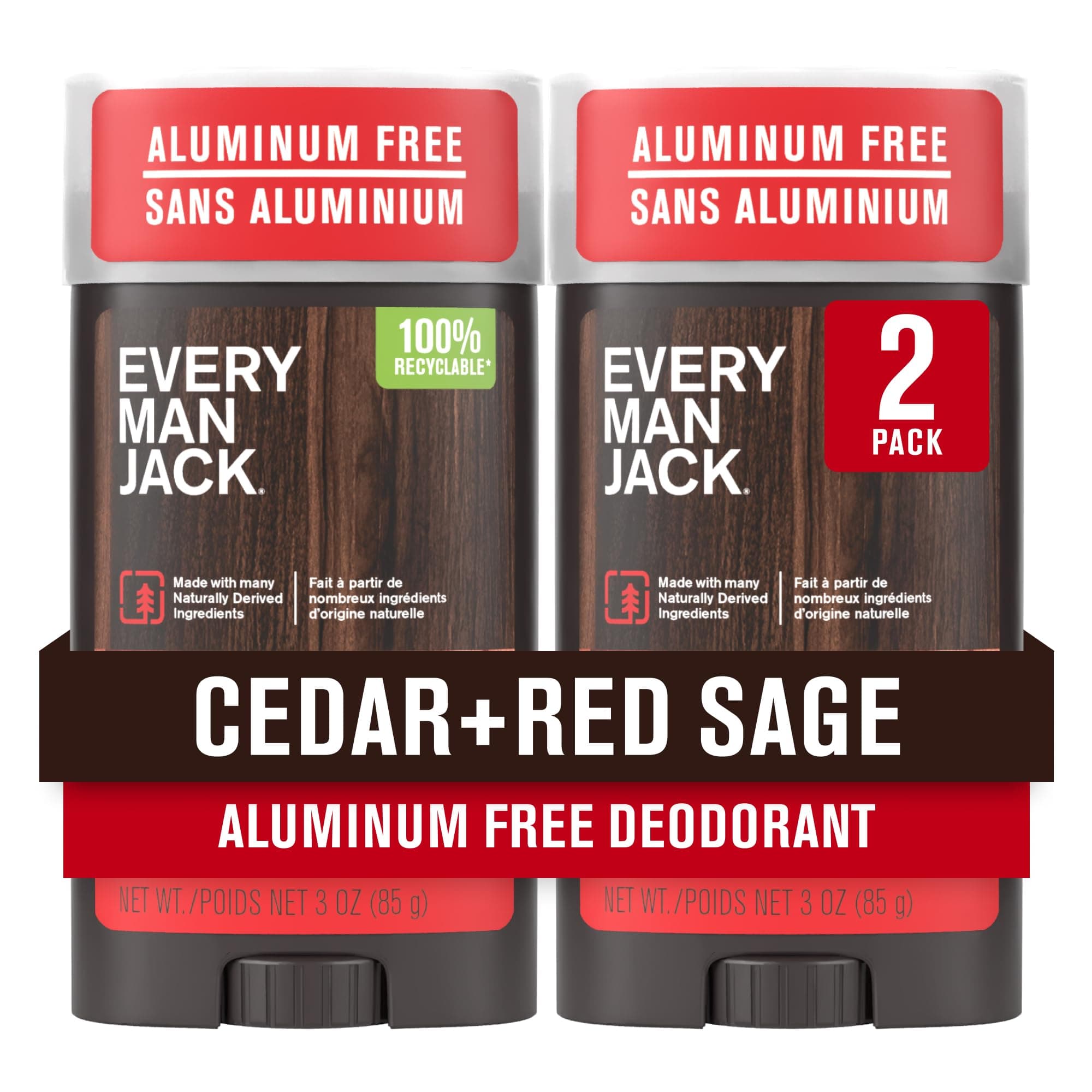 Every Man Jack Cedar + Red Sage Men’s Deodorant - Stay Fresh with Aluminum Free Deodorant For all Skin Types - Odor Crushing, Long Lasting, with Naturally Derived Ingredients - 3 oz - 2 Pack