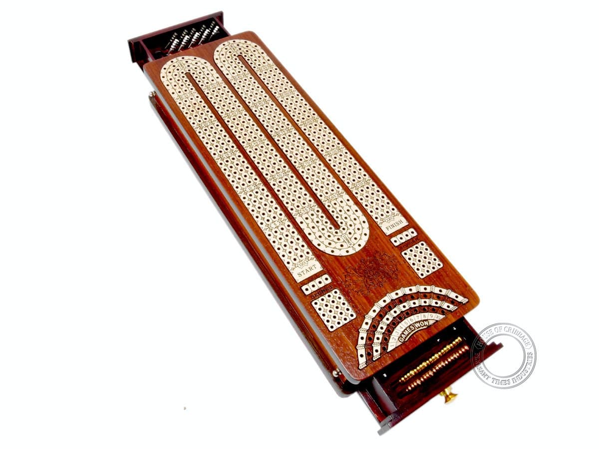 Continuous Cribbage Board Bloodwood/Maple and Side Pull Drawers - 4 Tracks with Place to Mark Won Games - House of Cribbage