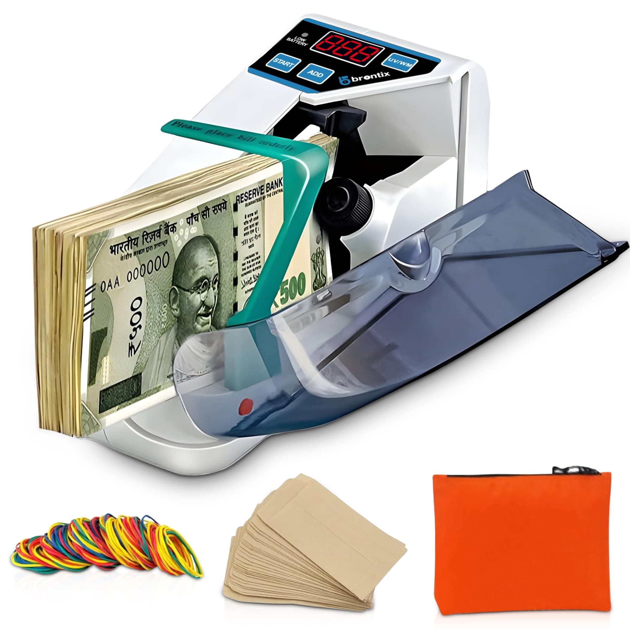 BRONTIX P-100 Money Counting Machine Mini | LED Display Note Counting Machine Cash Counter Machine Mini with UV/WM Detection, Auto Shut-Off Currency Counting Machine for Home (Portable Bundle)