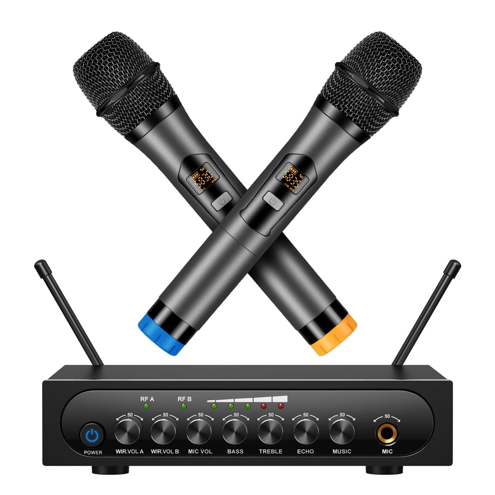 Wireless Microphone System Cordless Dynamic Mic UHF Dual Channel Wireless Handheld Microphone with Echo Bluetooth Volume Control for Karaoke Singing Church for Amplifier Speaker Mixer