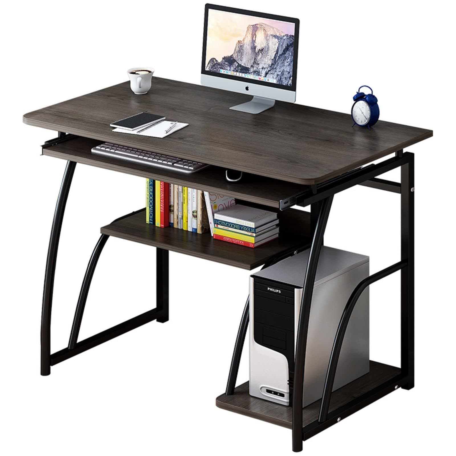 KUTIS Study Writing Computer Table, Wooden Laptop desk for Office and Home, Black Computer Desk with Bookshelf - 60 x 40 x 71 CM Computer Desk with Printer shelves, Keyboard and Mouse Tray