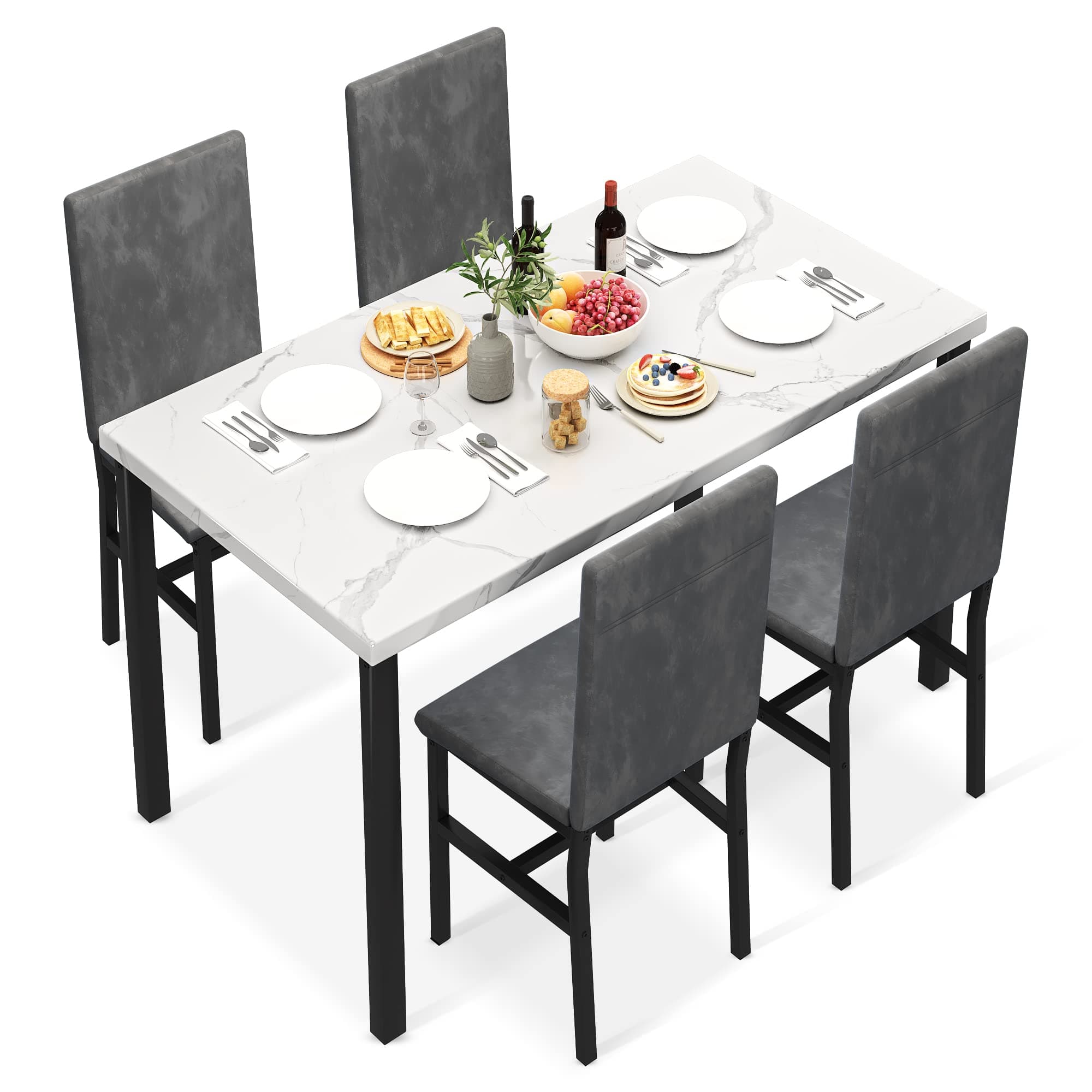 tantohom Dining Table Set for 4, Modern Kitchen Table and Chairs for 4, Home Furniture Dining Room Table Set with Faux Marble Countertop and PU Leather Chairs for Small Space, Apartment, Dinette, Gray