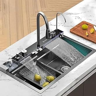 SeBURRY® Luxurious 30x18x9 Inch Anti Scratch Honeycomb Design Kitchen Sink | 5-Piano Switch with Waterfall and Pull-Down Faucet | 304 Grade Steel Sink with LED Digital Display & RO Tap