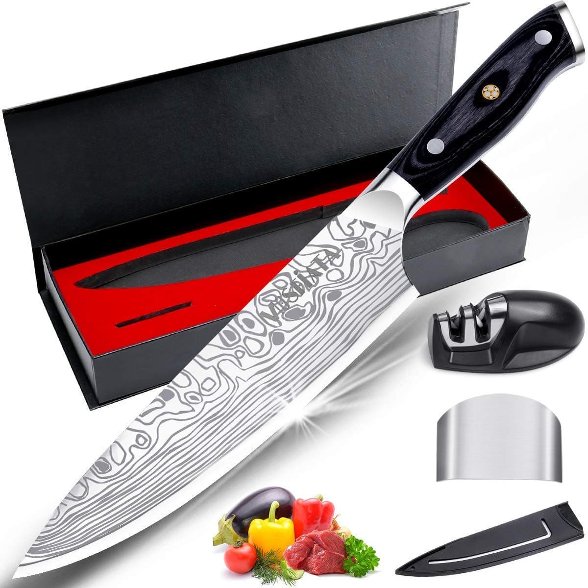 Ultra Sharp Kitchen Chef Knife 8 inch, Premier High Carbon German EN1. 4116 Stainless Steel, Full Tang Blade Pro Chopping Cooking Knife with Sharpener Finger Blade Guard Gift Box