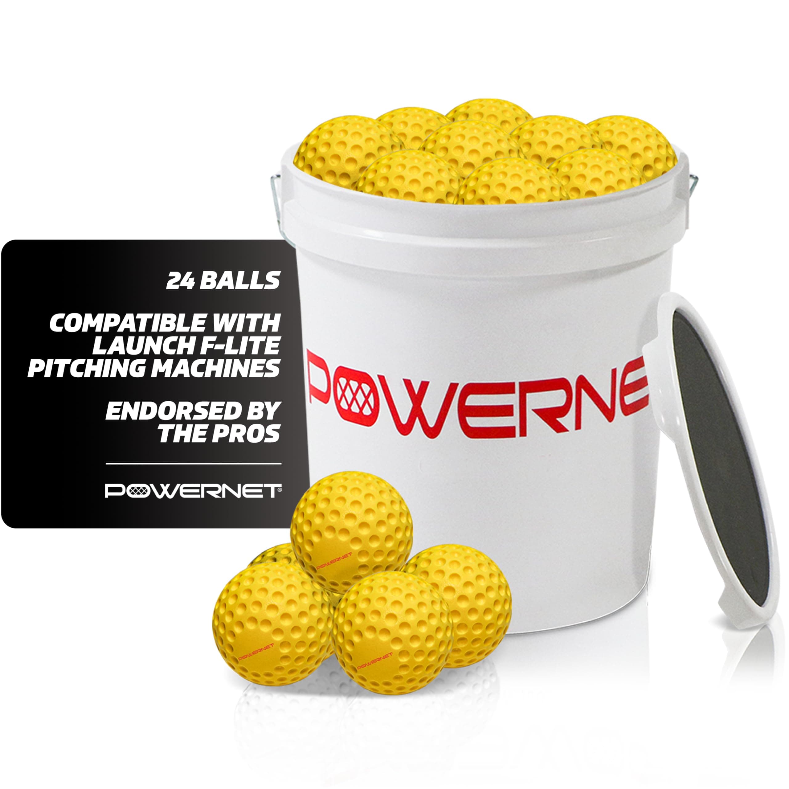 PowerNet Launch F-lite Softball & Baseball Pitching Machine, Dimpled Practice Balls, Bucket of Baseballs, Coaching Bucket Bundle for Pitching Machine, Baseball Training Equipment