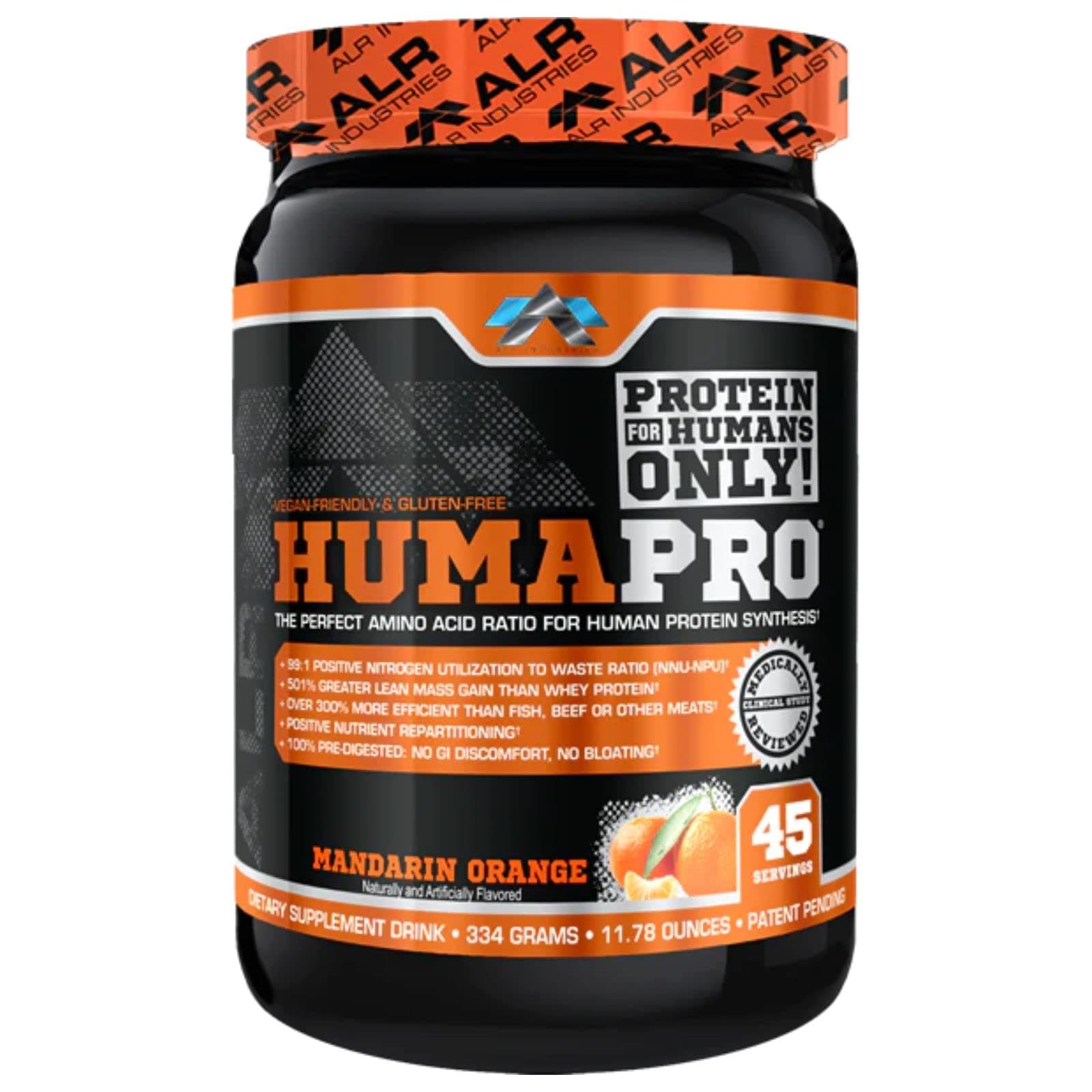 Humapro | Amino Acids Protein Matrix for Humans | 99% Utilization for Lean Muscle | Vegan, Gluten Free | 334g / 45 Servings (Mandarin Orange)
