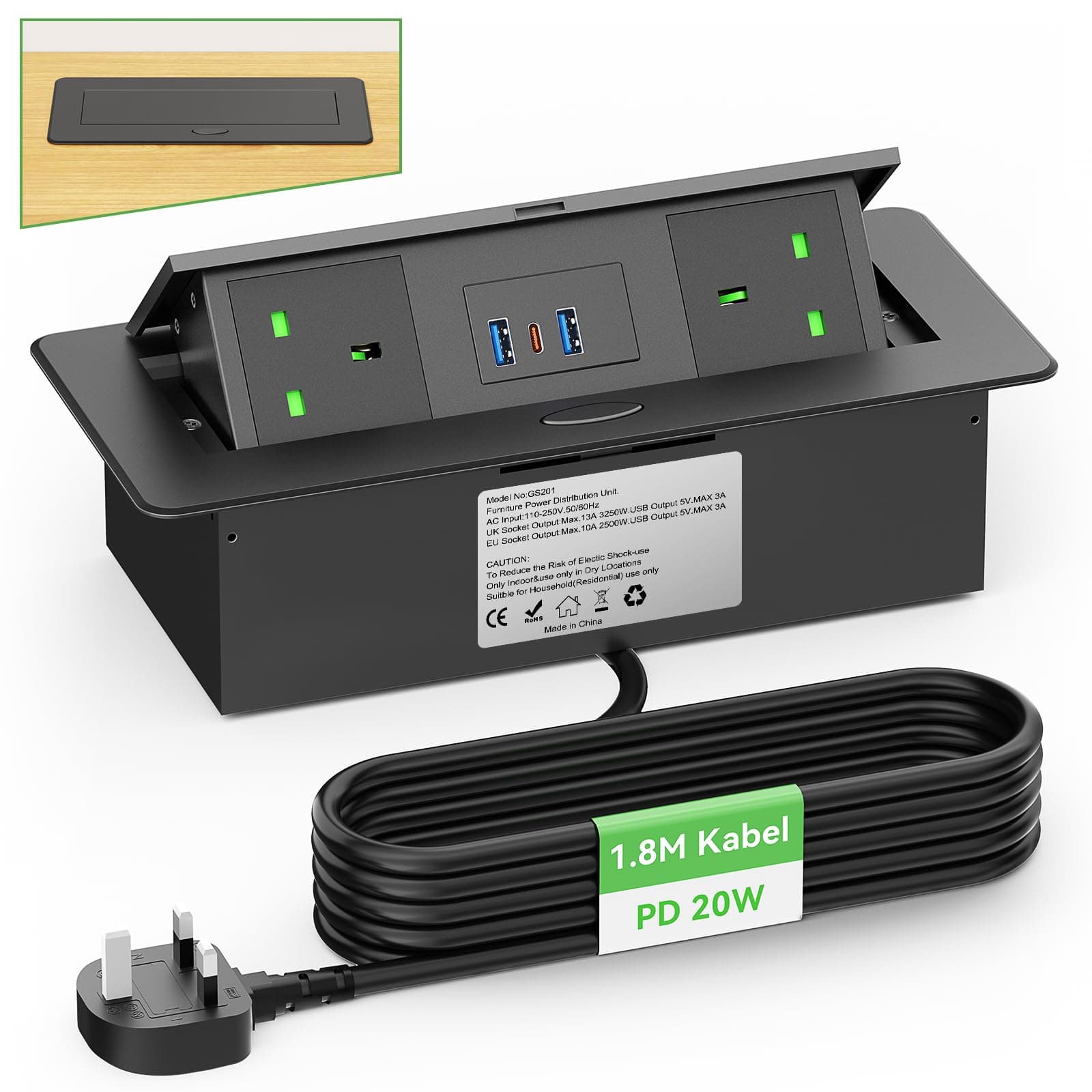 Desktop Power Socket with USB C PD20W, Aluminum Recessed Power Strip 2 UK Plug, Hidden Pop Up Sockets for Kitchen Worktops Conference Desk, Desk Power Outlet with USB C PD20W, 1.8M Cable, HANNELORE