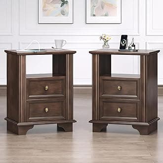 VINGLI 19.7" Nightstands Set of 2, Night Stands with Charging Station, Nightstand with Drawers, Wood Nightstand Bedroom, Bed Side Table, End Table, Night Stand with Charger Station, Brown