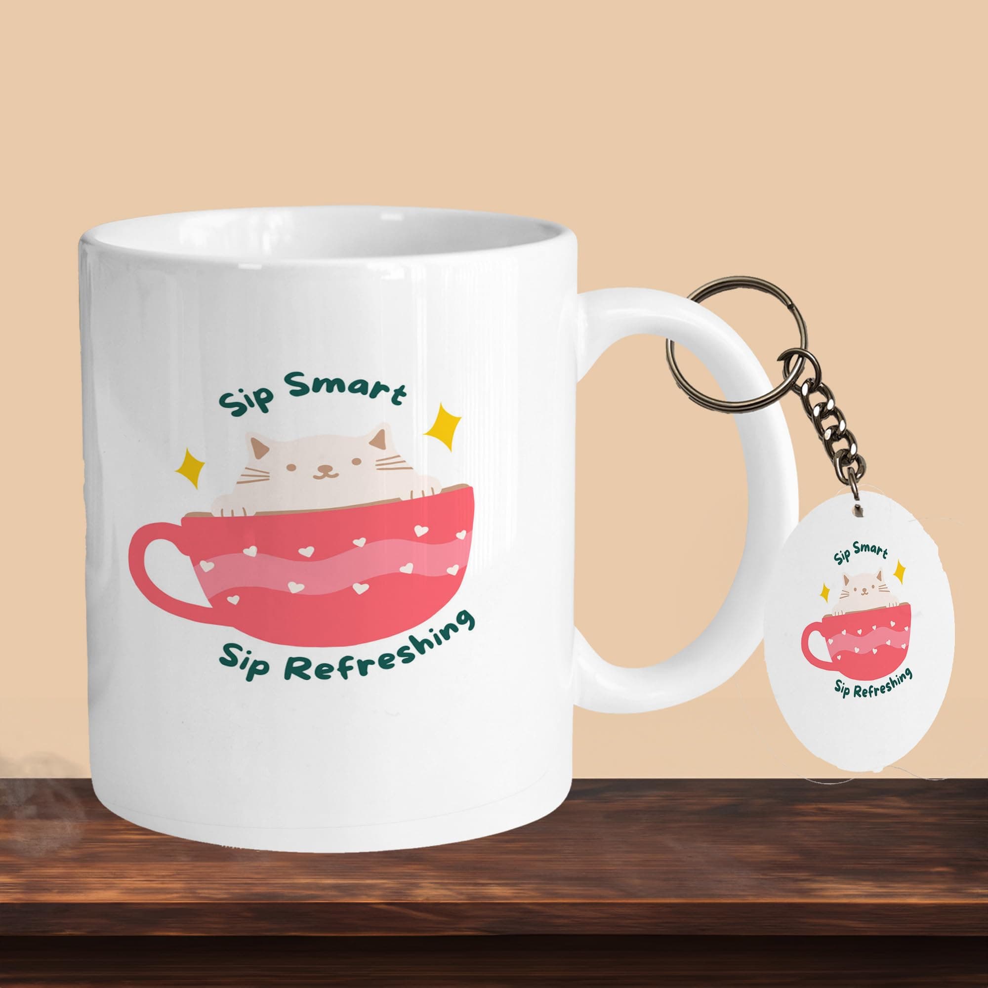 Premium 330ml Ceramic White Coffee Mug - Perfect for Coffee and Tea - with Keychain Sip Smart Sip Refershing R-O