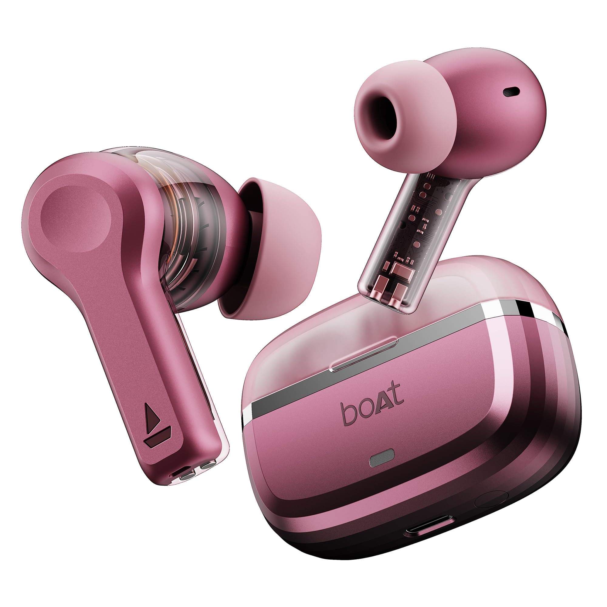 Boat Nirvana Space, 360 Spatial Audio, Active Noise Cancellation (~32dB), 100Hrs Battery,4Mics ENx, Fast Charge, v5.3 Bluetooth TWS in Ear Earbuds Wireless Earphones with mic (Pink Punch)