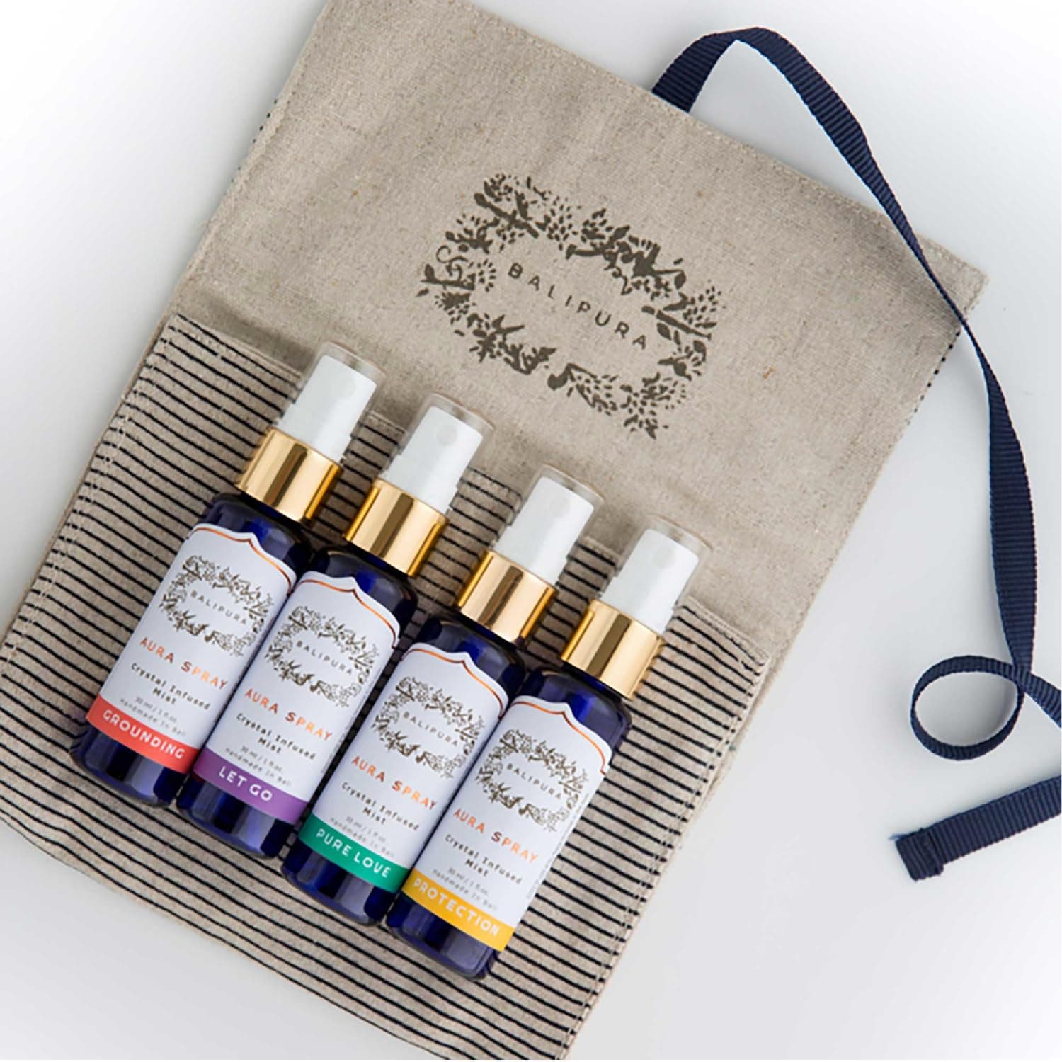 Aura Spray Mix Sets - 4 pcs in Pack Gift Set for Women and Men - Infused Crystal with Organic Essential Oils - Free Linen Bag - Handmade in Bali, 30 ml Each