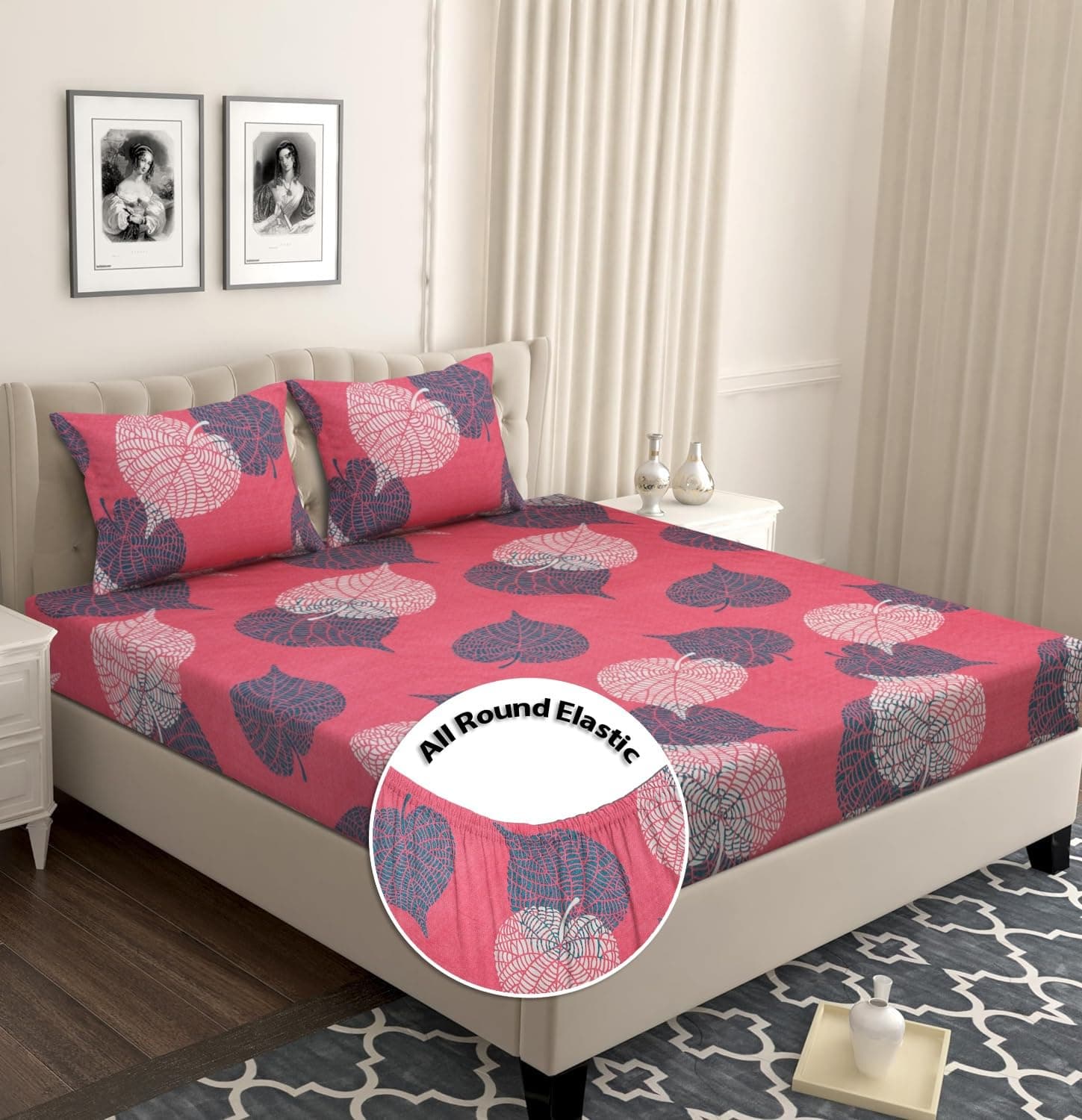 BSB HOME Premium Microfiber All Round Elastic Fitted Bedsheets for Double Bed with 2 King Size Pillow Covers 160 TC Supersoft |Wrinkel Free Bed Cover Size - 72x78+8 inches | Light Pink and Grey