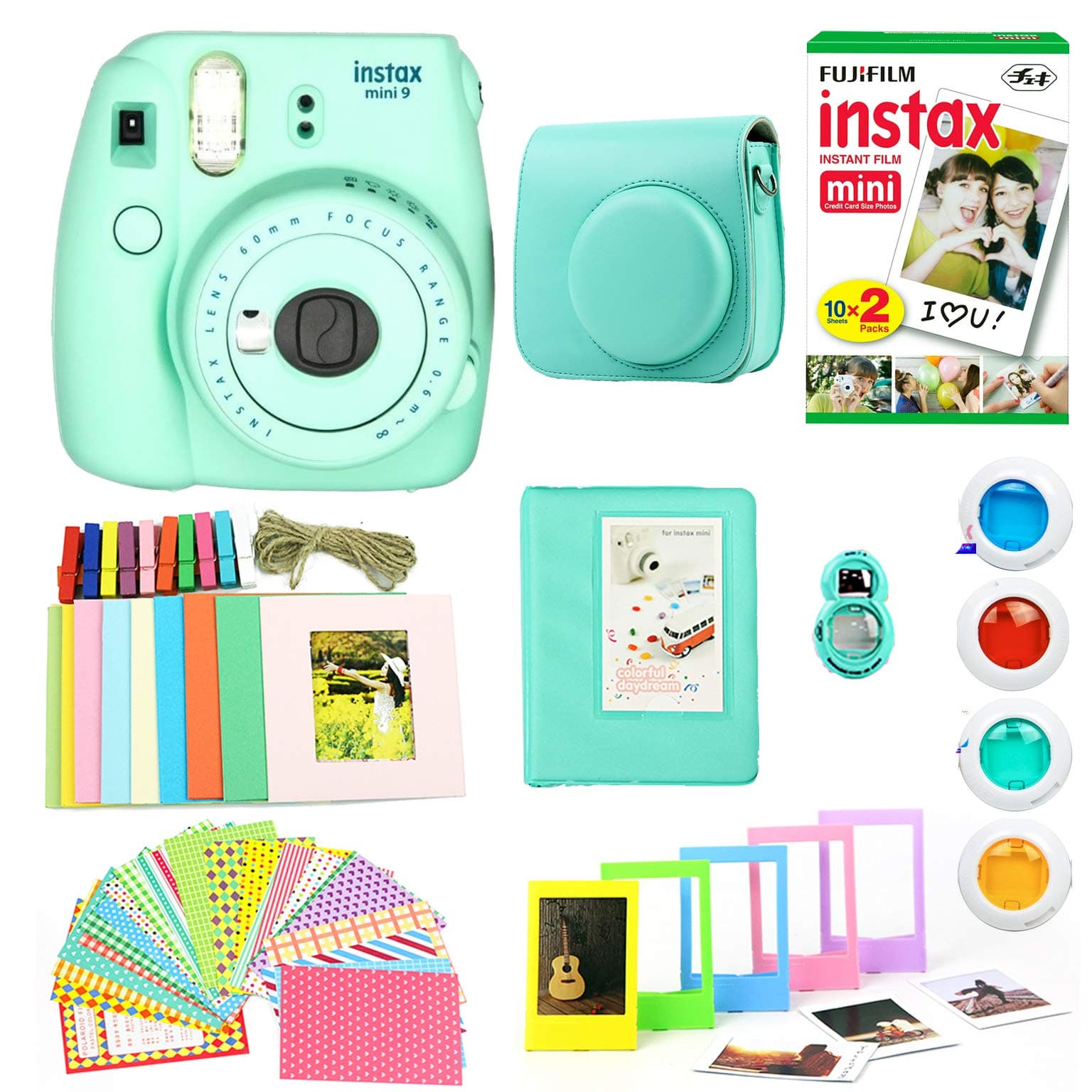 Fujifilm Instax Mini 9 Instant Print Camera Super Bundle with New Camera Case and Accessories , Photo Album, Photo Stickers, 10 Mini Frames and More (Mint Green)(Renewed)
