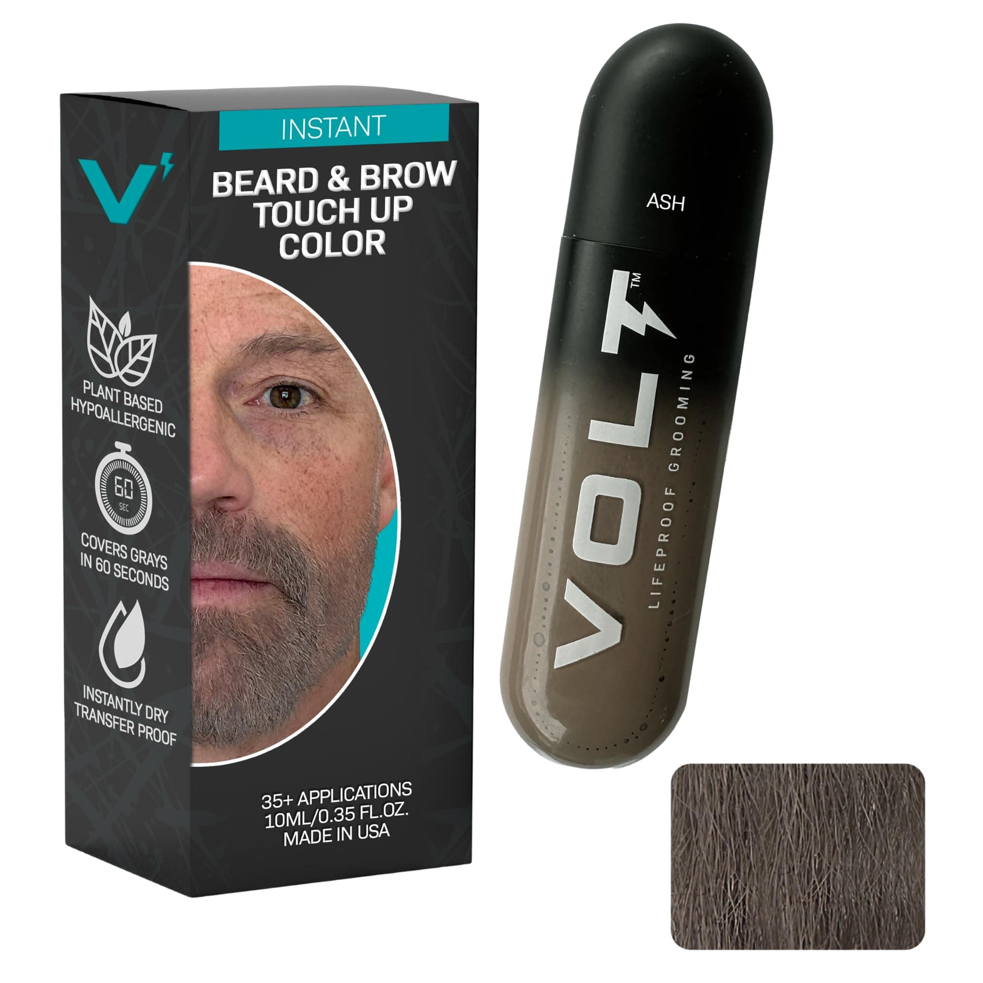 Grooming Instant Beard Color Single Pack - Quick Drying Plant Based Hypoallergenic Brush on Color for Beards, Mustaches, and Eyebrows - 0.35 Fl Oz (10 ml), Ash (Gray/Brown)