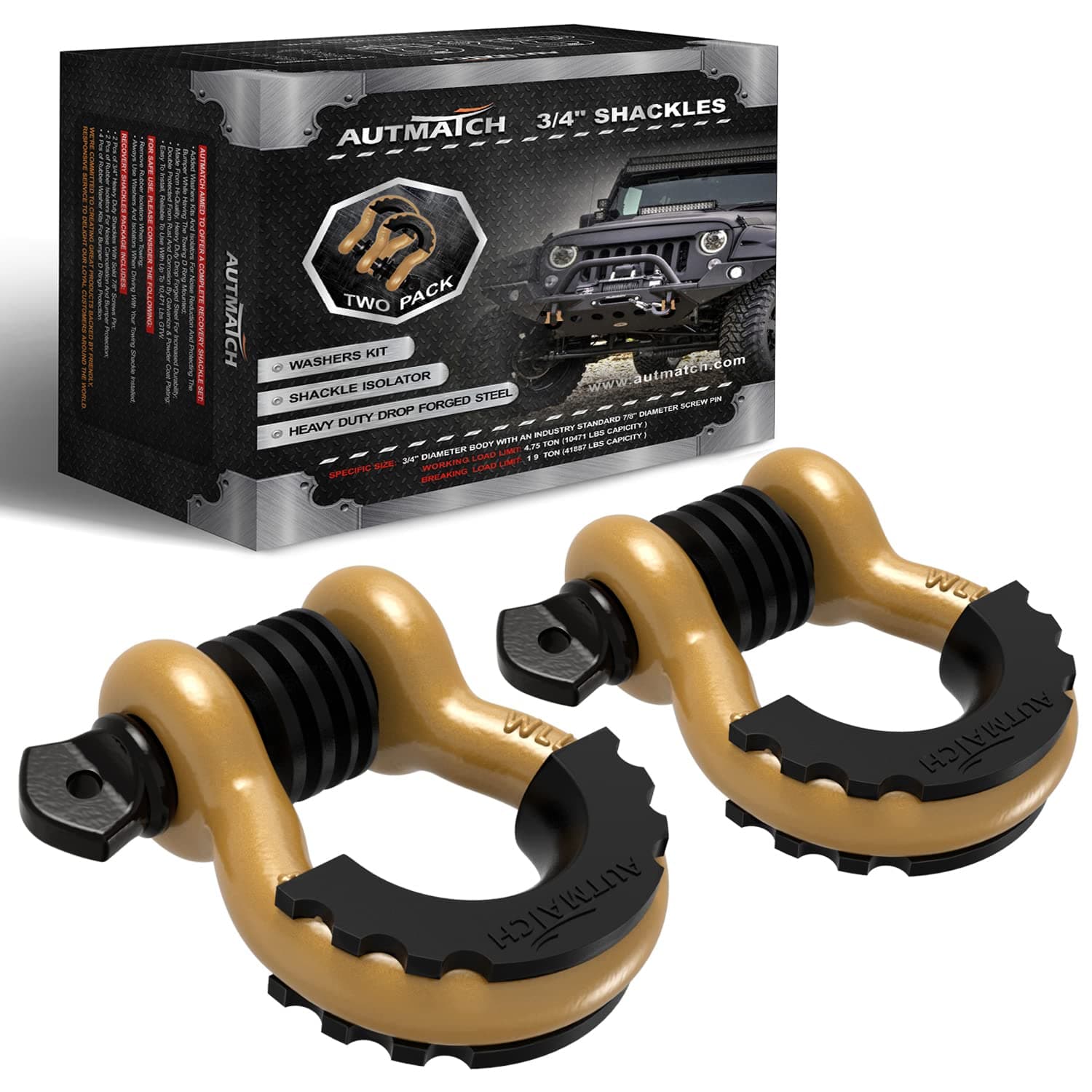 AUTMATCH D Ring Shackle 3/4" Shackles (2 Pack) 41,887Ibs Break Strength with 7/8" Screw Pin and Shackle Isolator Washers Kit for Tow Strap Winch Off Road Vehicle Recovery Gold & Black