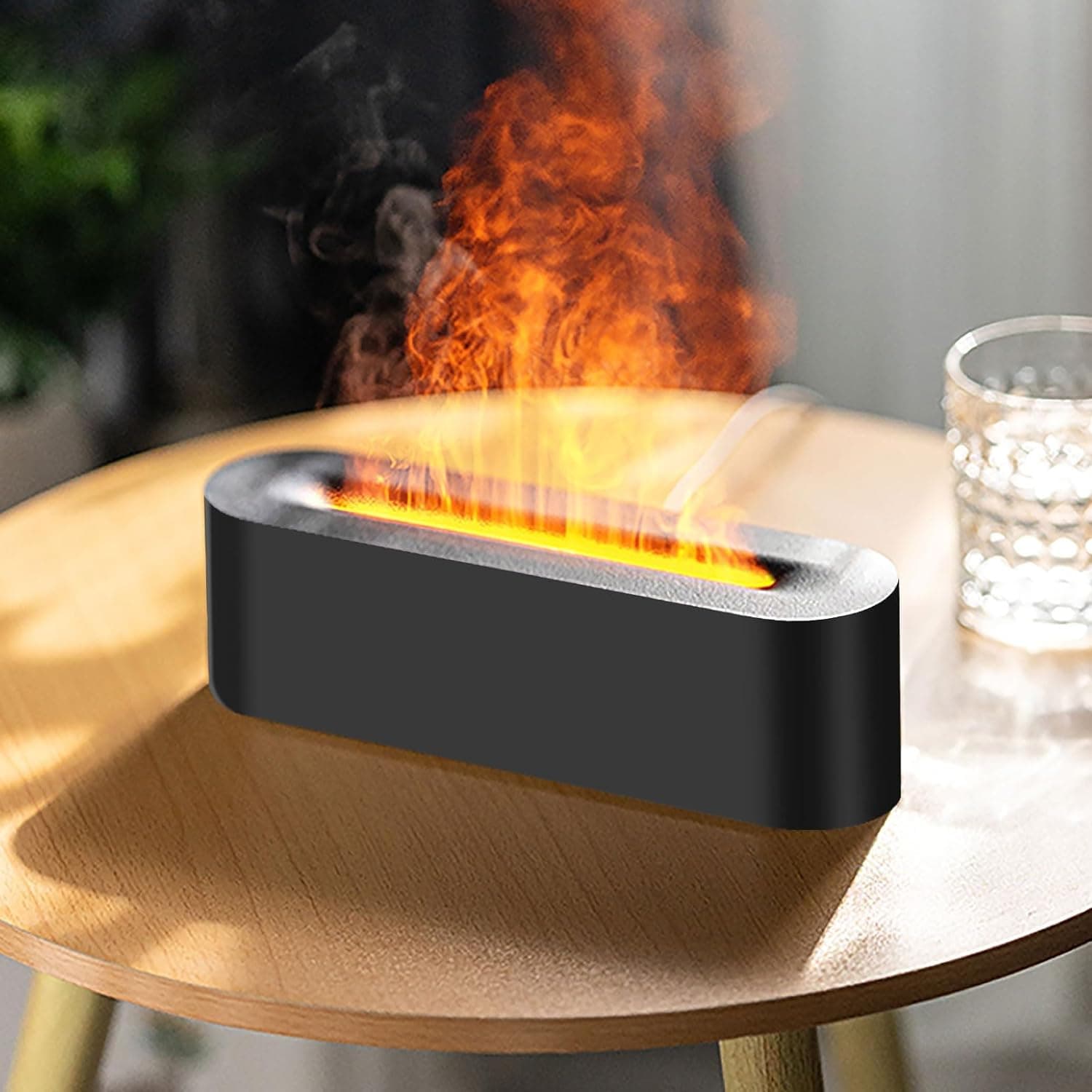 DoubleCare Essential Oil Diffuser, Fireplace Flame Aromatherapy Diffuser, 150ml Cool Mist Humidifier, with 7 Color Lights, Timer and Auto Off Function, Home, Room, Desk (Black)