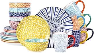 Selamica Ceramic Dinnerware Sets for 6, 24 Piece Plates and Bowls Sets, Scratch Resistant Dishes Set-Dishwasher & Microwave & Oven Safe, Assorted Colors A