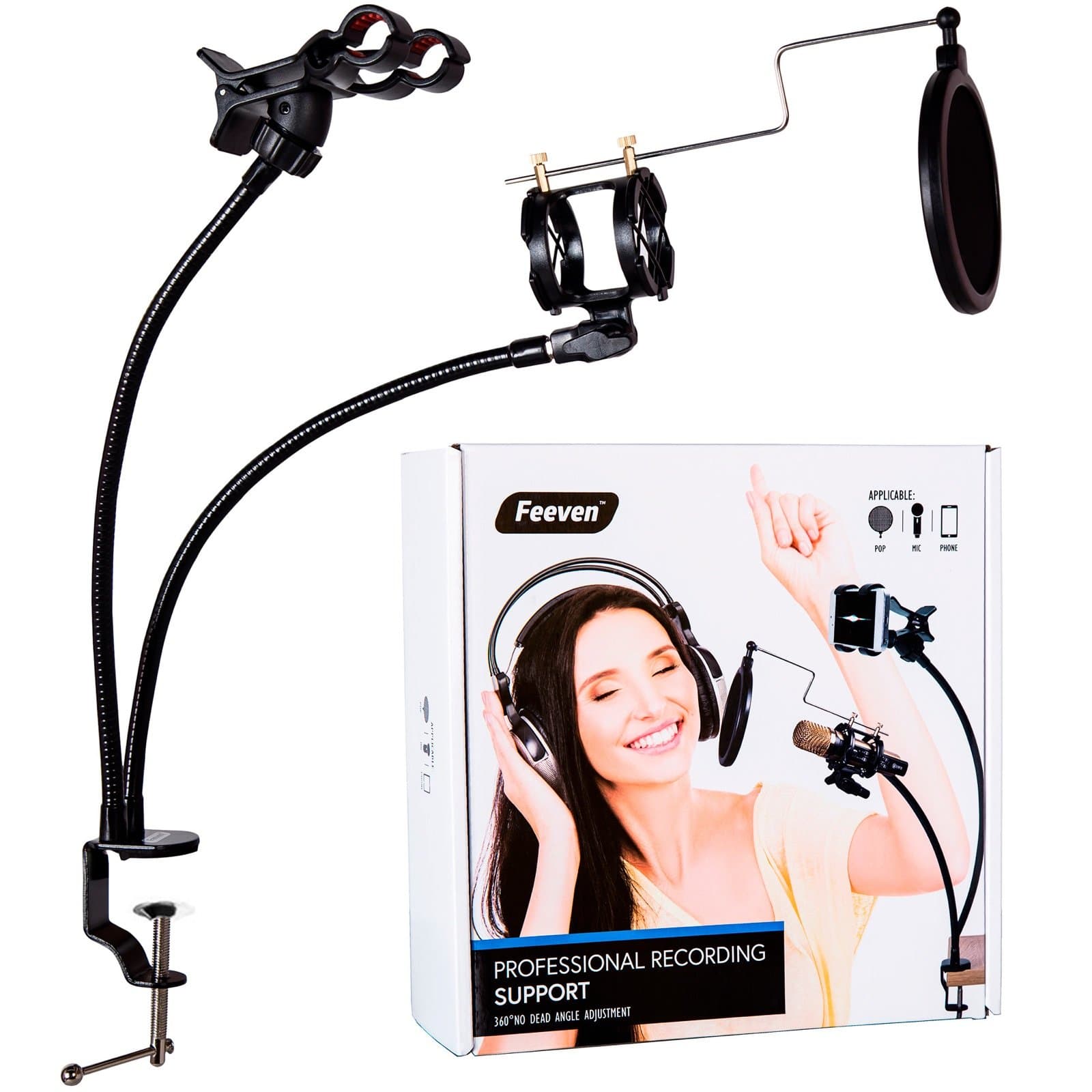FEEVEN Desktop Mic Stand (Adjustable and Flexible Arm) with Cell Phone Desk Holder and Microphone Pop Filter