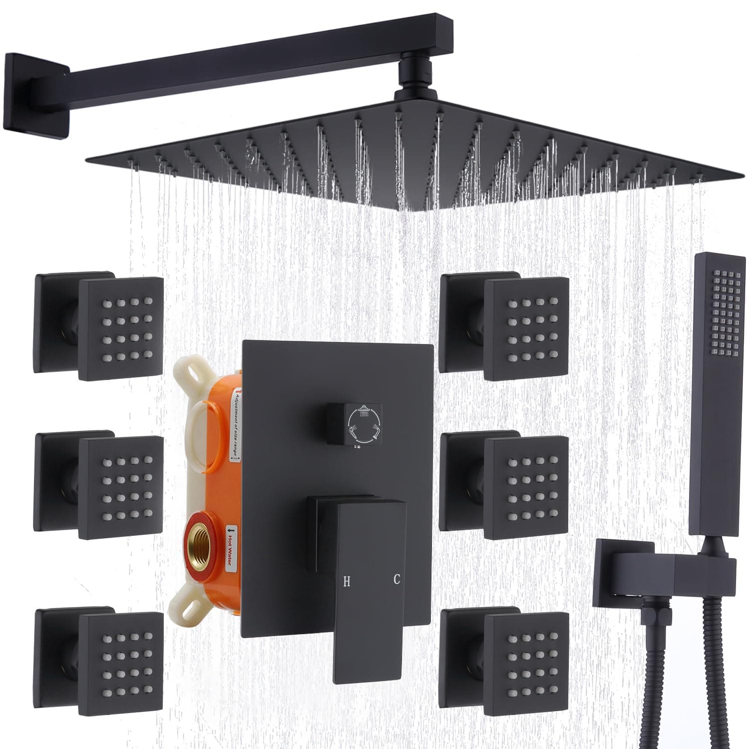 Enga Shower Jets System in Wall, 12 Inch Rainfall Shower System with 6 Body Jets, Wall Mounted Rain Shower and Handheld Shower Faucet Sets Complete, Matte Black