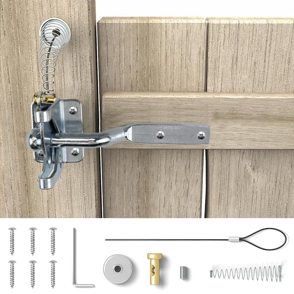 Self Locking Gate Gravity Latch, ADERTOS Carbon Steel Auto Gate Latch Garden Gate Latches and Catches with Adjustable Gate Latch Cable Pull for Metal Wooden Fences Gates Sheds - Silver, Spring Loaded