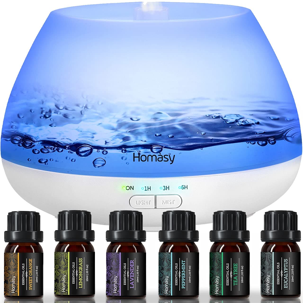 Homasy 500mL Aromatherapy Diffusers, Essential Oils Diffuser with Top 6 Oils Set, 8 Color Light, Room Diffusers with 4 Timers for Home, Office