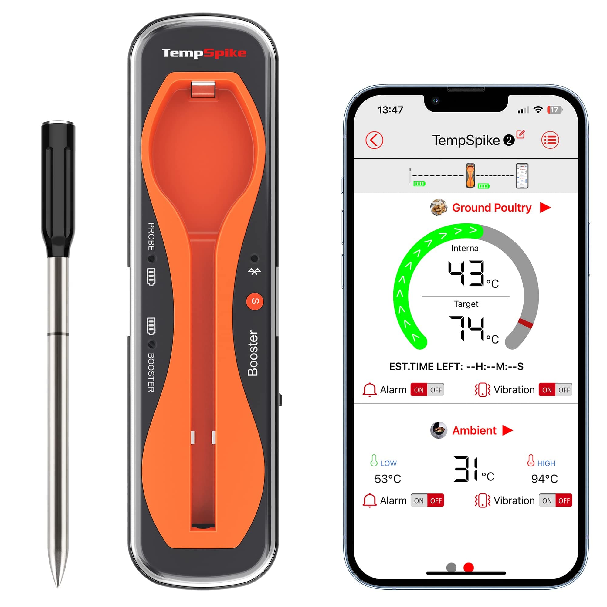 TempSpike 150m Range Truly Wireless Meat Thermometer, Bluetooth Meat Thermometer for Air Fryers Cooking, Grilling and Sous Vide, Food Temperature Probe with Smart APP for BBQ Oven Smoker