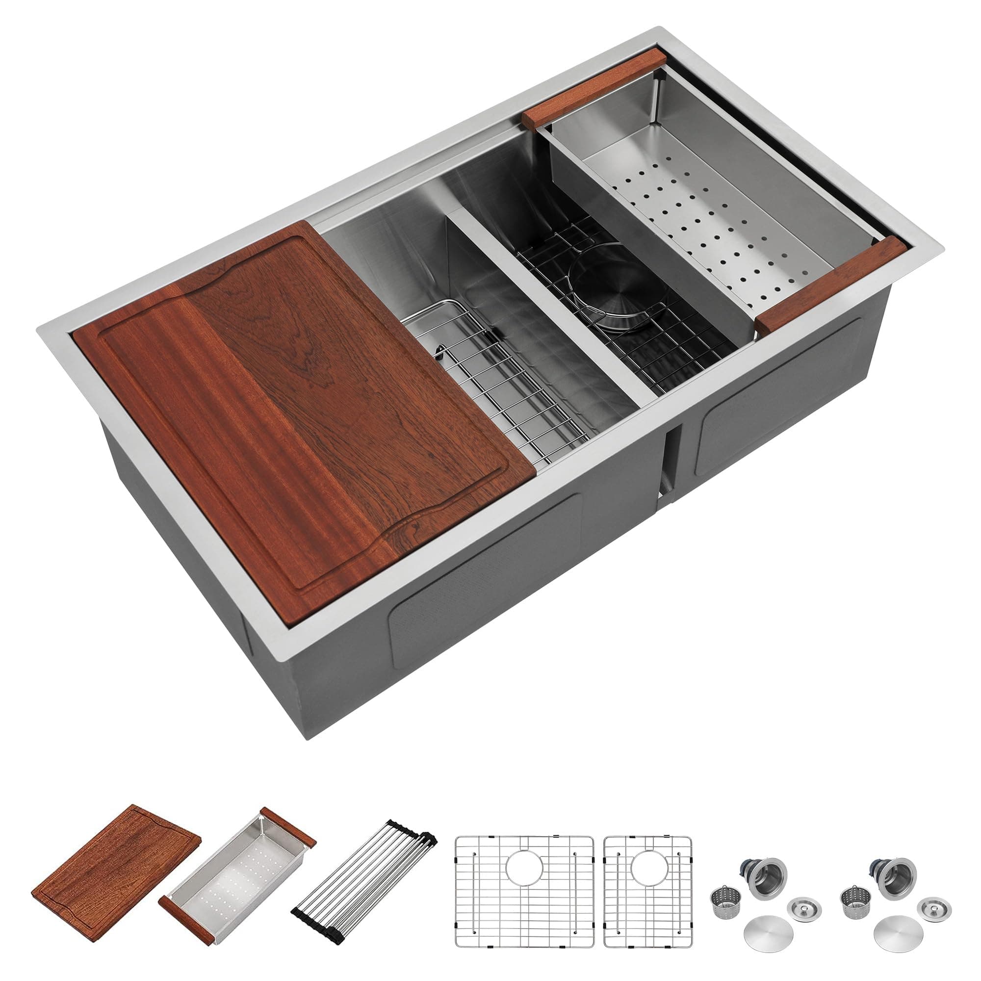 36 In. Undermount Double Bowl Kitchen Sink, 60/40 Low Divide Workstation, 16 Gauge 304 Stainless Steel Sink, 36" x 19" x 10" #DC-U7739