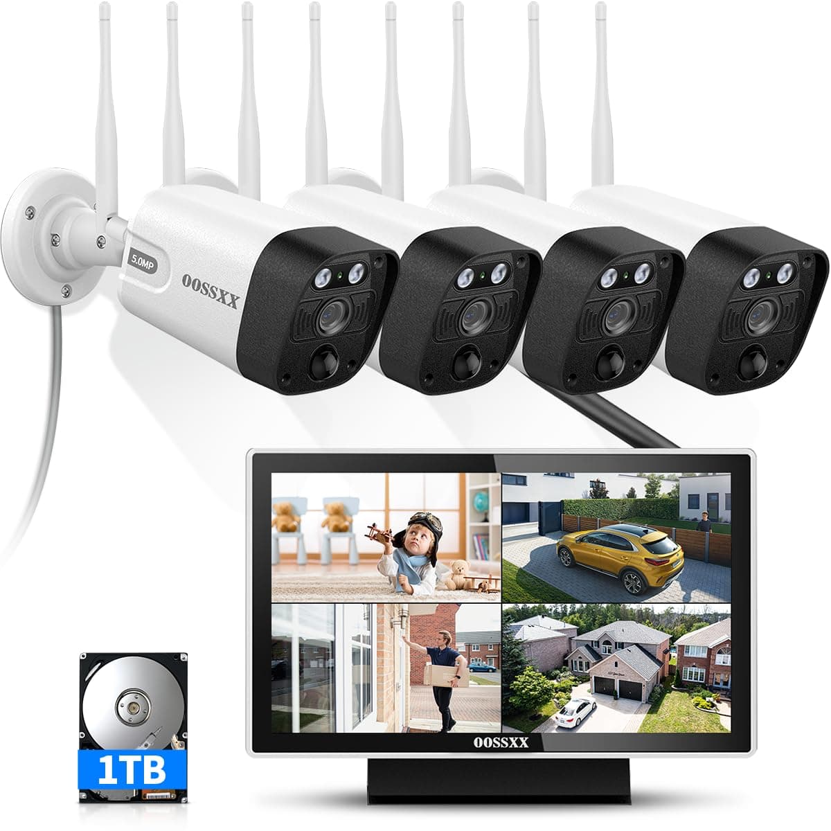All-in-One 5.0MP PIR Detection 2-Way Audio Dual Antennas Outdoor Security Camera System Wireless with Monitor WiFi Home Security Cameras System Video Surveillance