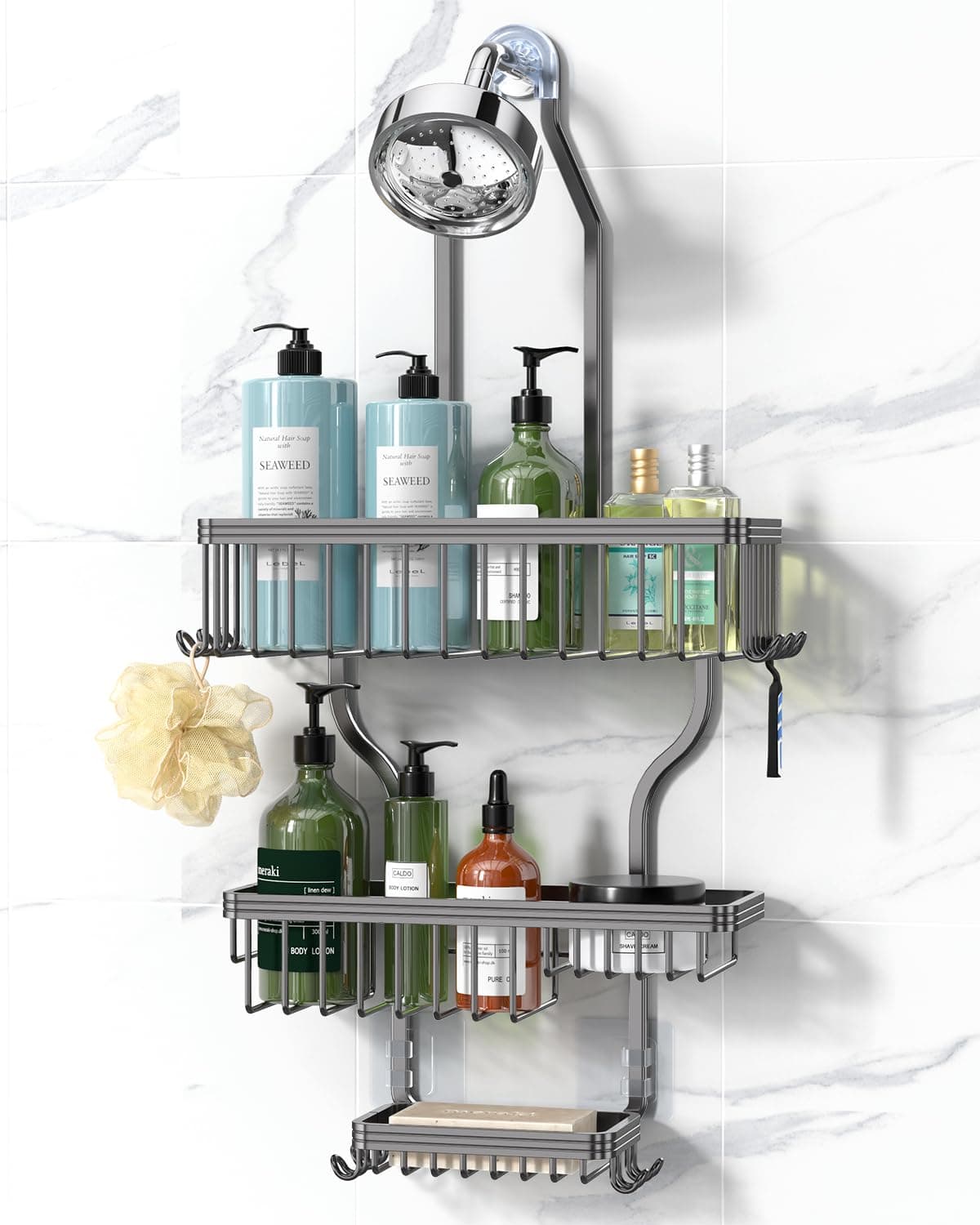 YASONIC Shower Caddy Hanging - Never Rust Organizer - Aluminum over The head caddy with 10 Hooks for Razor/Sponge - Shower Rack with Soap Basket - Grey