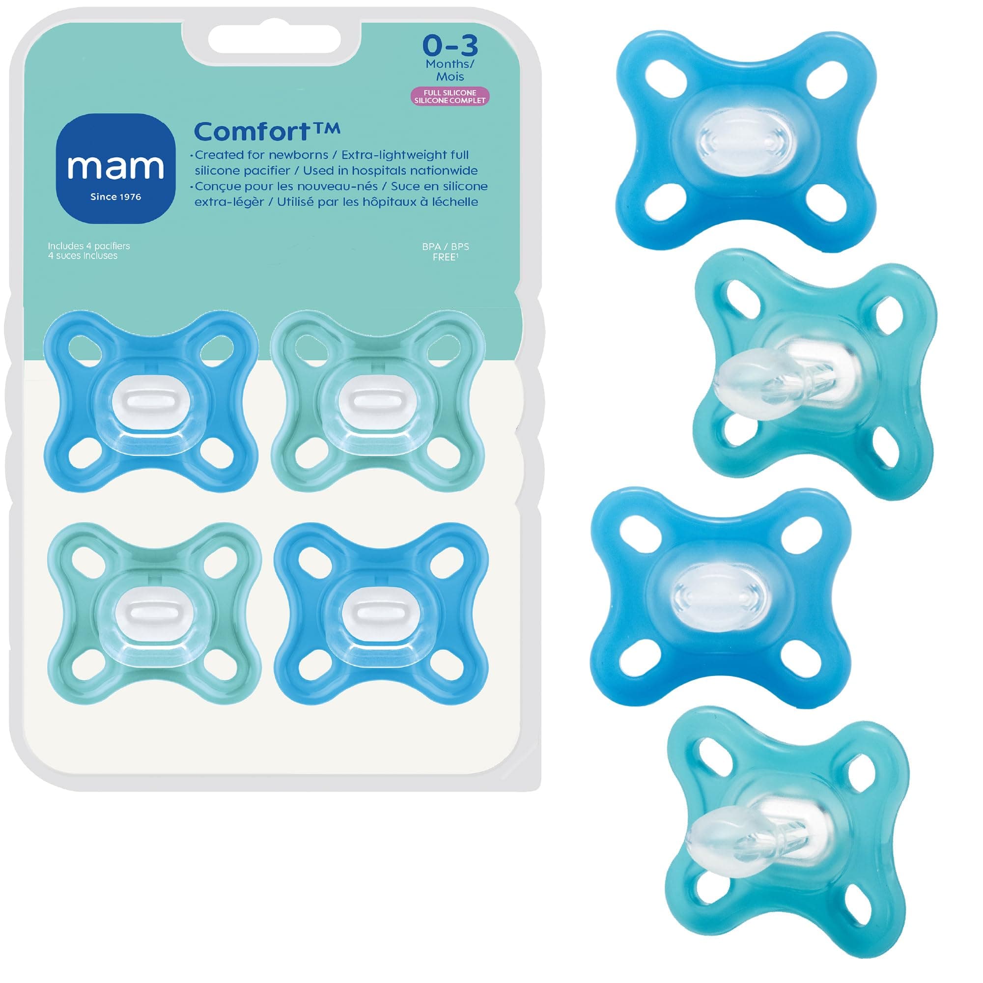 Comfort Baby Pacifiers 0-3 Months Newborns, Lightweight One-Piece Full Silicone Binky, BPA-Free Nipple, Easy to Clean Pacifier, Best for Breastfed Babies, 4 Count, Made in Europe