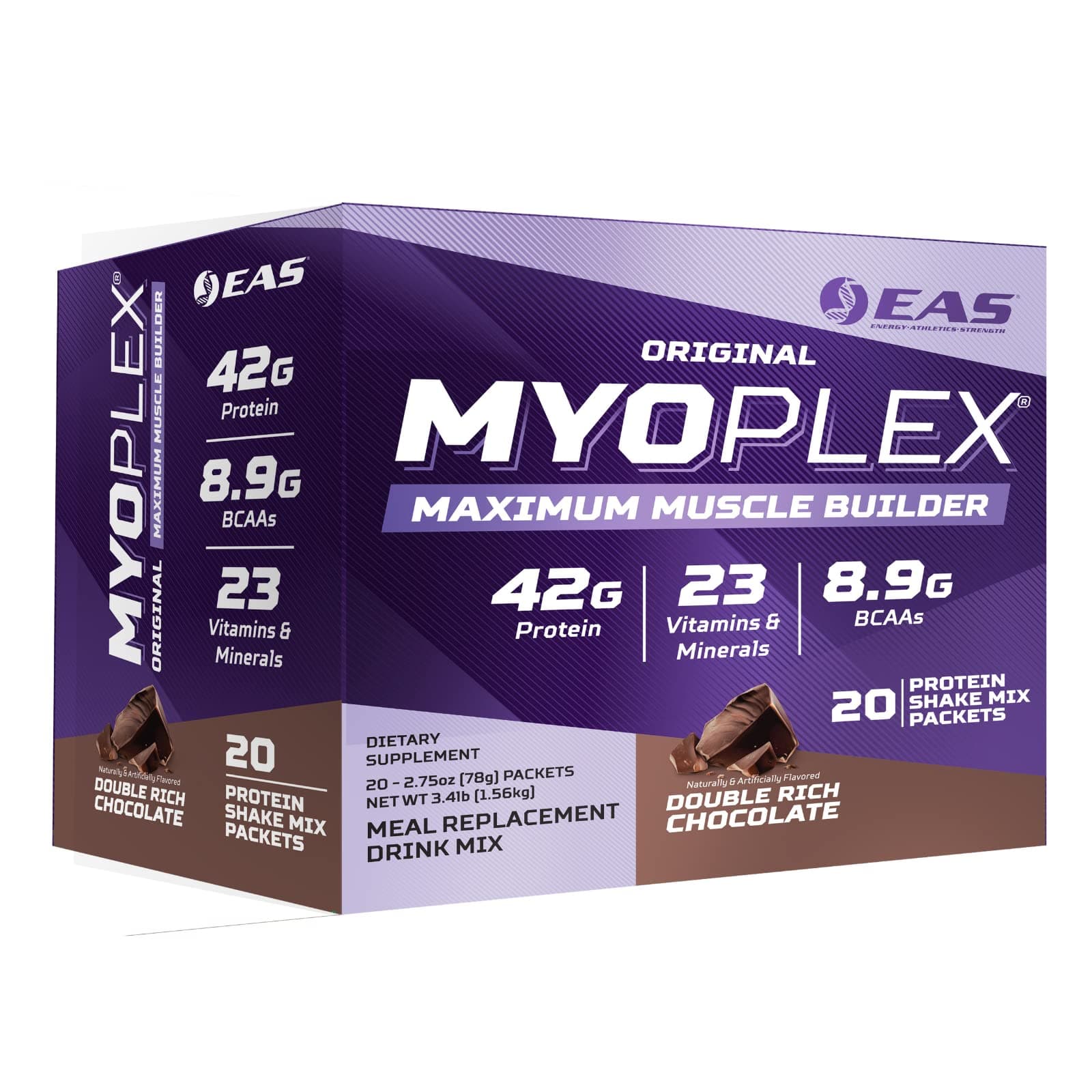 Original Myoplex Maximum Muscle Builder | Meal Replacement Protein Drink Mix | Quality Protein Blend | 42g Protein | 20 Individual Packets (Double Rich Chocolate)