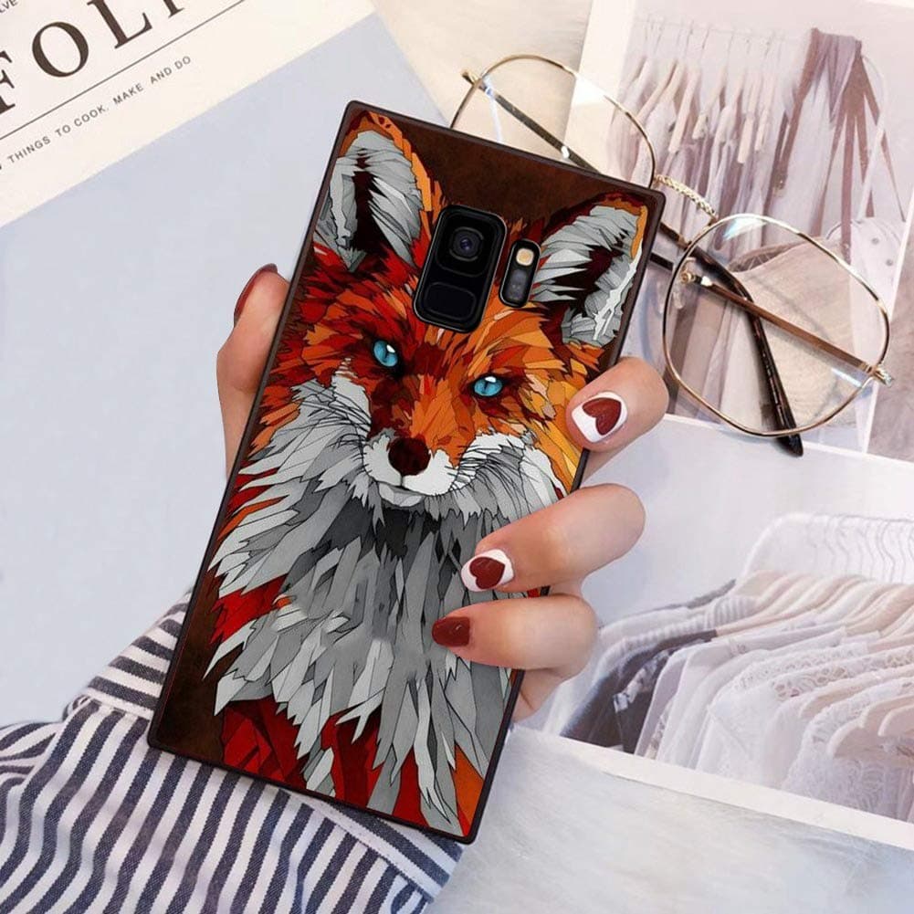 Samsung Galaxy S9 Case Red Fox Blue Eyes Design Rectangle Full Body Shockproof Protective Phone Case Hard Plastic Black Frame Case for Samsung Galaxy S9 LingHan