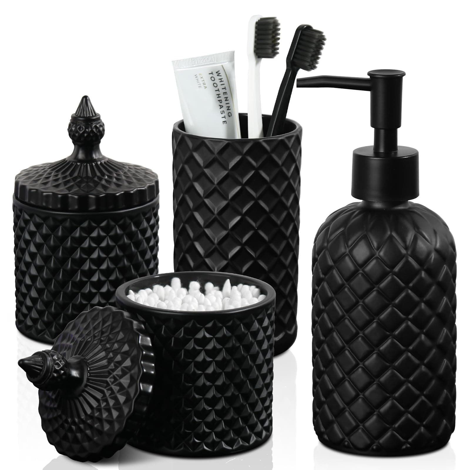 Matte Black Bathroom Accessories Set, 4 Pack Black Bath Accessory Sets Complete, Diamond Glass Soap Dispenser and Toothbrush Holder Set for Countertop, Gothic Decor Organizer Essentials