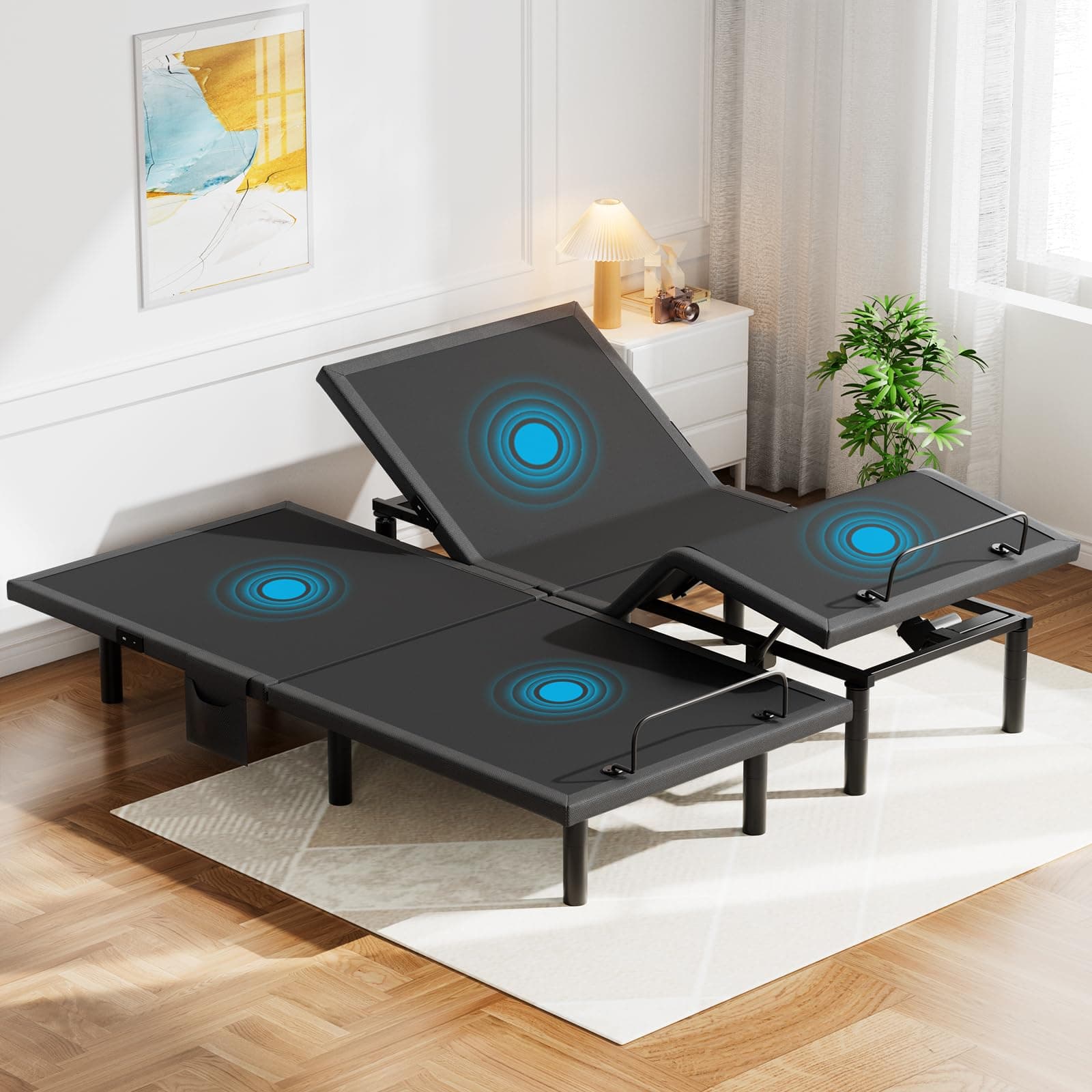 Pipishell Split King Adjustable Bed Frame with Massage, Electric Bed Base with Head & Foot Incline, USB-A & USB-C Ports, LED Under-Bed Lighting, 4 Leg Height Options, and Easy 3-Step Assembly