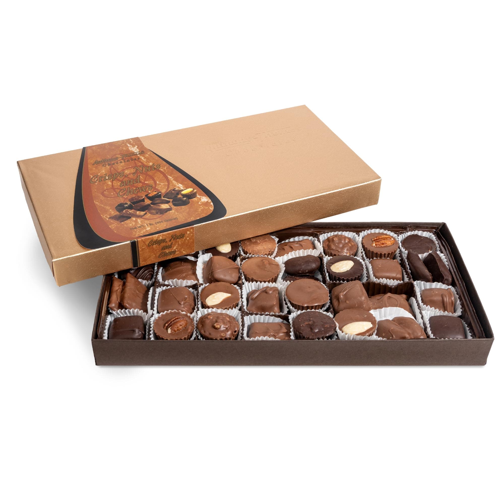 Anthony Thomas, Milk & Dark Chocolate Crisps Nuts and Chews, Milk and Dark Chocolate Assortment, Gift Box (32 Count, Milk and Dark Chocolate)