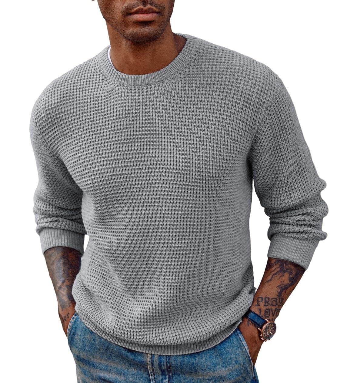 PJ PAUL JONES Mens Pullover Sweater Waffle Textured Long Sleeve Knitted Sweaters