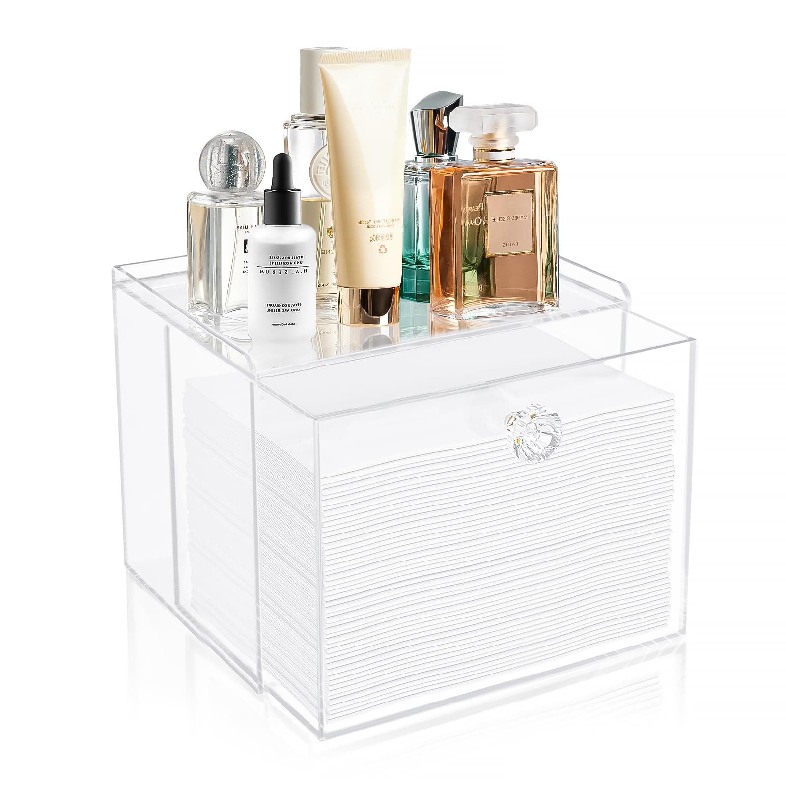 Disposable Face Towel Container Box with Drawer, Acrylic Storage Containers Compatible with Clean Skin Club Clean Face Towels, Clear Makeup Organizer for Face Towel (Excluding Facial Towels)