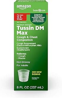 Amazon Basic Care Tussin DM MAX, Maximum Strength Cough and Chest Congestion Medicine, Non-Drowsy, Alcohol Free, Expectorant, Raspberry Menthol Flavor, 8 fl oz (Pack of 1)